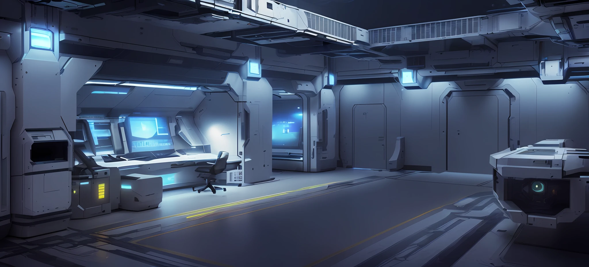 there is a room with a desk and a computer monitor, sci - fi environment, scifi room, cyberpunk garage on jupiter, inside a futuristic army base, spaceship hangar, sci - fi interior, scifi environment, detailed lighting and textures, sci-fi setting, sci - fi setting, spaceship hallway background, sci fi setting, futuristic laboratory, dramatic lighting sci fi