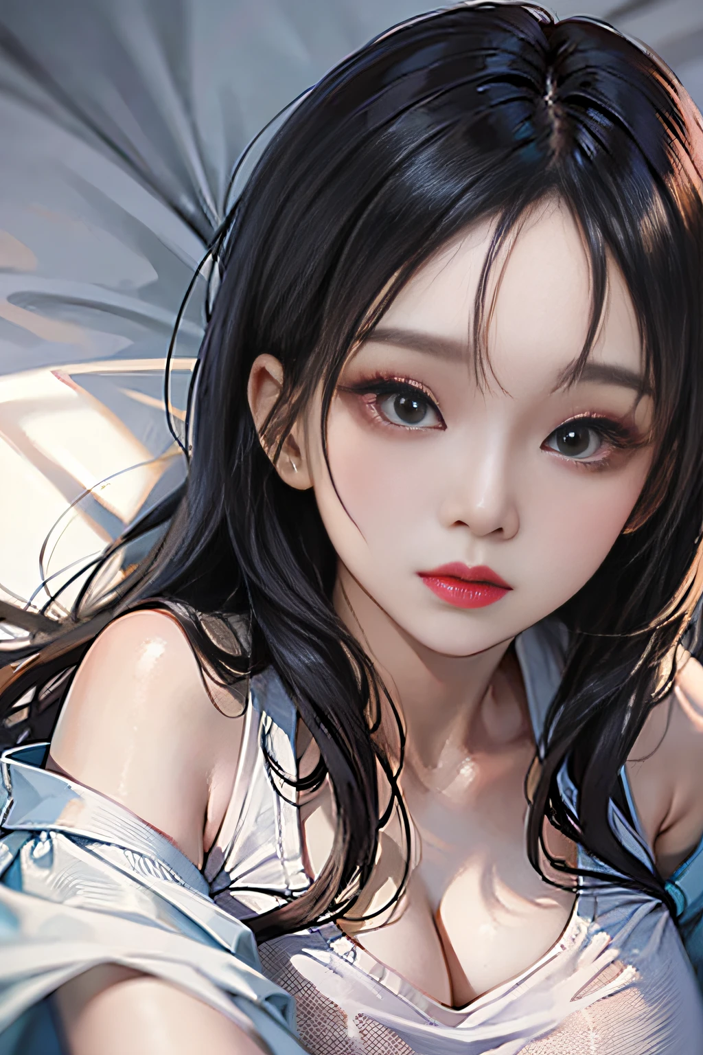 Top image quality、Raw photography、超A high resolution、Close-up of the face、Cute girl at 18 years old、Shooting for one person only、big round chest、cleavage of the breast、Tank top、Beautiful Eyes of Details、very elongated eyes、Beautiful eyelashes、Beautiful double eyelids、Lying on your back on a large bed、White bed