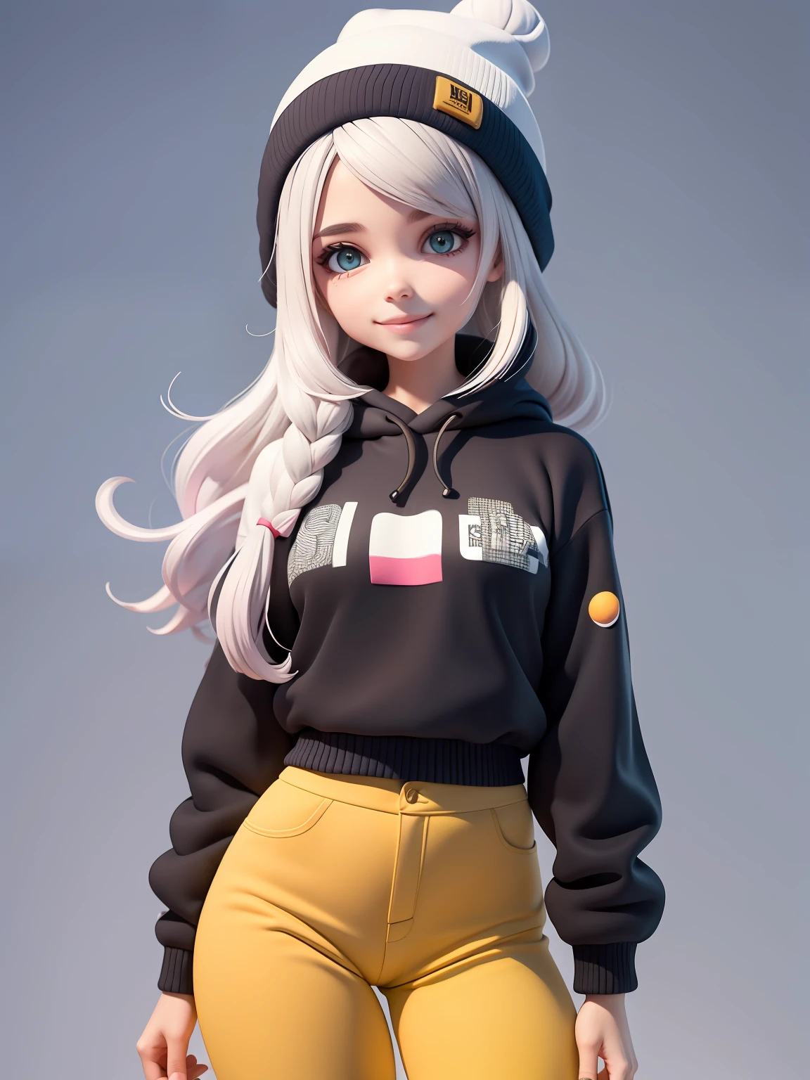 (obra-prima), (melhor qualidade), (ultra-detalhado), (corpo inteiro: 1.2) bonita e fofa, capuz, moletom preto, Knitted jumpsuits, Pants, jaqueta, blusa, sorriso claro, corpo inteiro, :3, fundo tom pastel , colorido e simples.