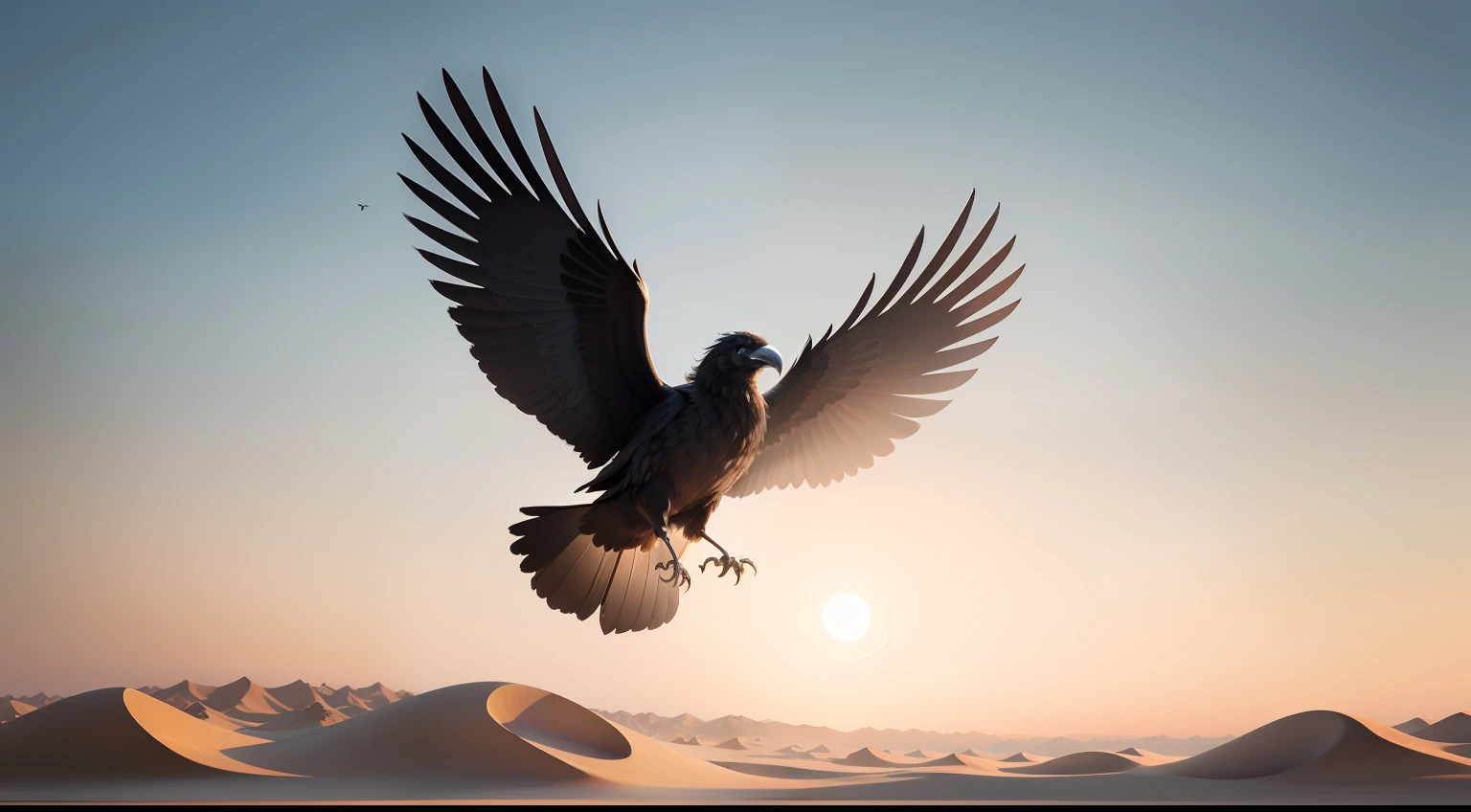 crow flies in the sky, in the desert, 8k, high quality, realistic