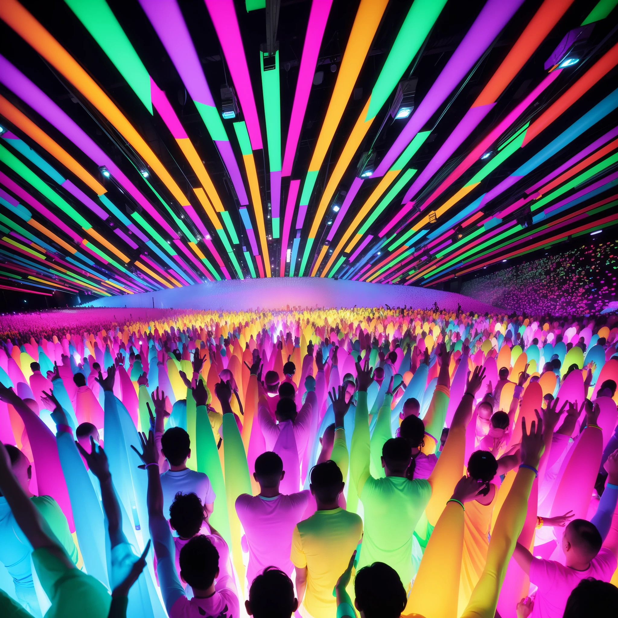 brightly colored abstract background with people dancing and waving in the air, rave party, dance club rave, nightclub background, scene from a rave, party atmosphere, rave background, at a rave, disco party, black light rave, background artwork, party lights, colorful crowd, night clubs and neons, flashing concert lights, dance party, disco lights, ecstatic crowd