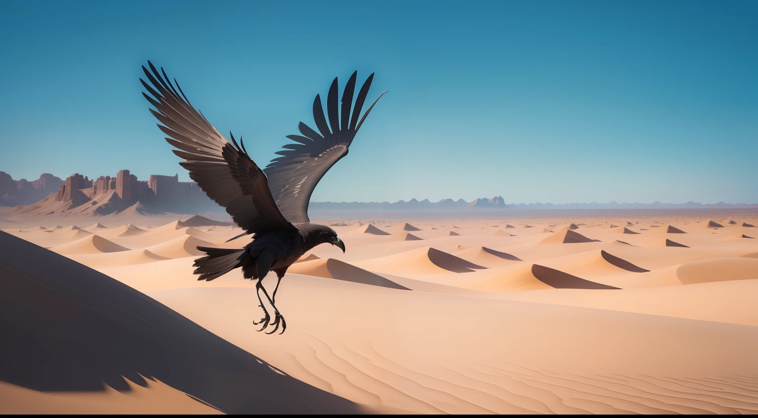 crow flies in the sky, in the desert, 8k, high quality, realistic
