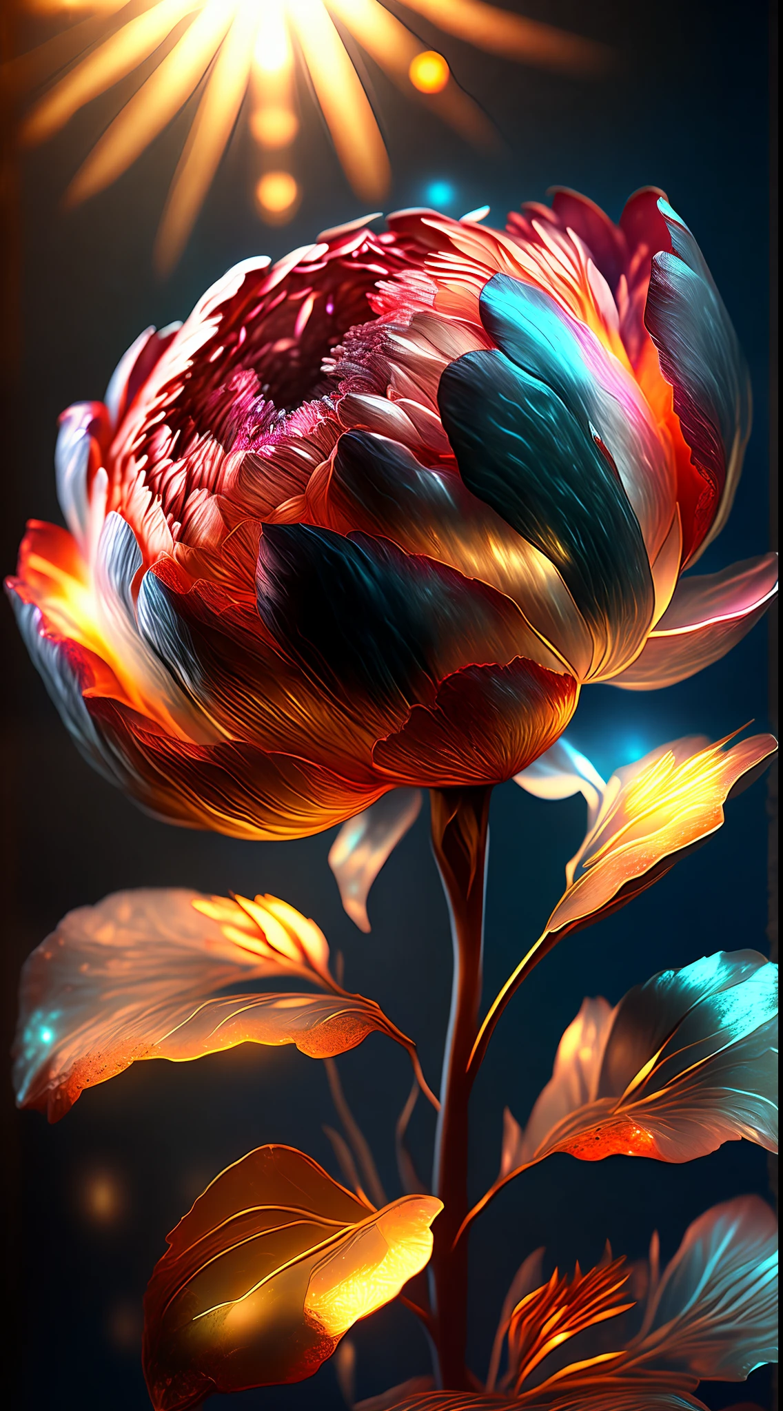 Peony flower, super transparent, holy light, beautiful spectrum light, petals glowing, shimmering, dark background, transparent light drops, reflected light, bright, light streaming in, optical, portrait silhouette, sharp focus, magical, intricate, hyper-realistic, fantasy, composition, light, artstation trend, pearl, patron saint cloud of silver steam, corroded surround ray family, 8k, real ar 23v4 uplight