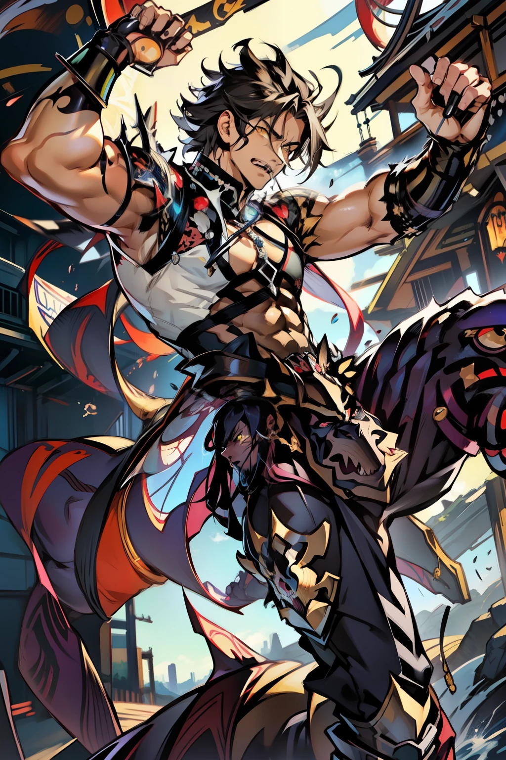 《the original god》Arataki Kazuto , male people,,((Masterpiece)), ((Best quality)), Ultra detailed,((illustration)), Dynamic Angle, Detailed light, (Delicate eyes), Floating, 1boy, Male focus, Head, Clothing, Yellow eyes, necklace, tattoo, (Forehead:0.8), (ahoge:0.8), jewelry, apathy,Ray, chest muscle, Sexy , Venom symbiote for your body, Black mucus of the body , (into venom), Venom,frontage,style of anime4 K, 4K anime wallpaper, Badass anime 8 K, 4 k comic wallpaper, young anime man, Anime boys, Anime wallpapers 4 k, Anime wallpaper 4K, High quality anime art style, Anime moe art style, Anime art wallpaper 8 K, Anime art wallpaper 4 K, RGB lighting