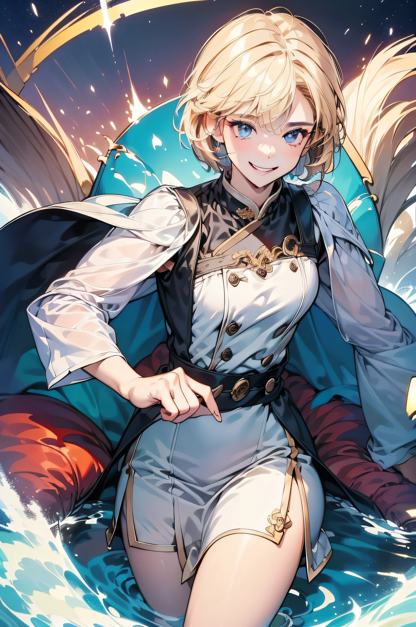 (in 8K、top-quality、masterpiece:1.2)、1人の女性、(Smiling smile:1.1)、beautidful eyes、Valley、The upper part of the body、length hair、Like a boy、poneyTail、red view、