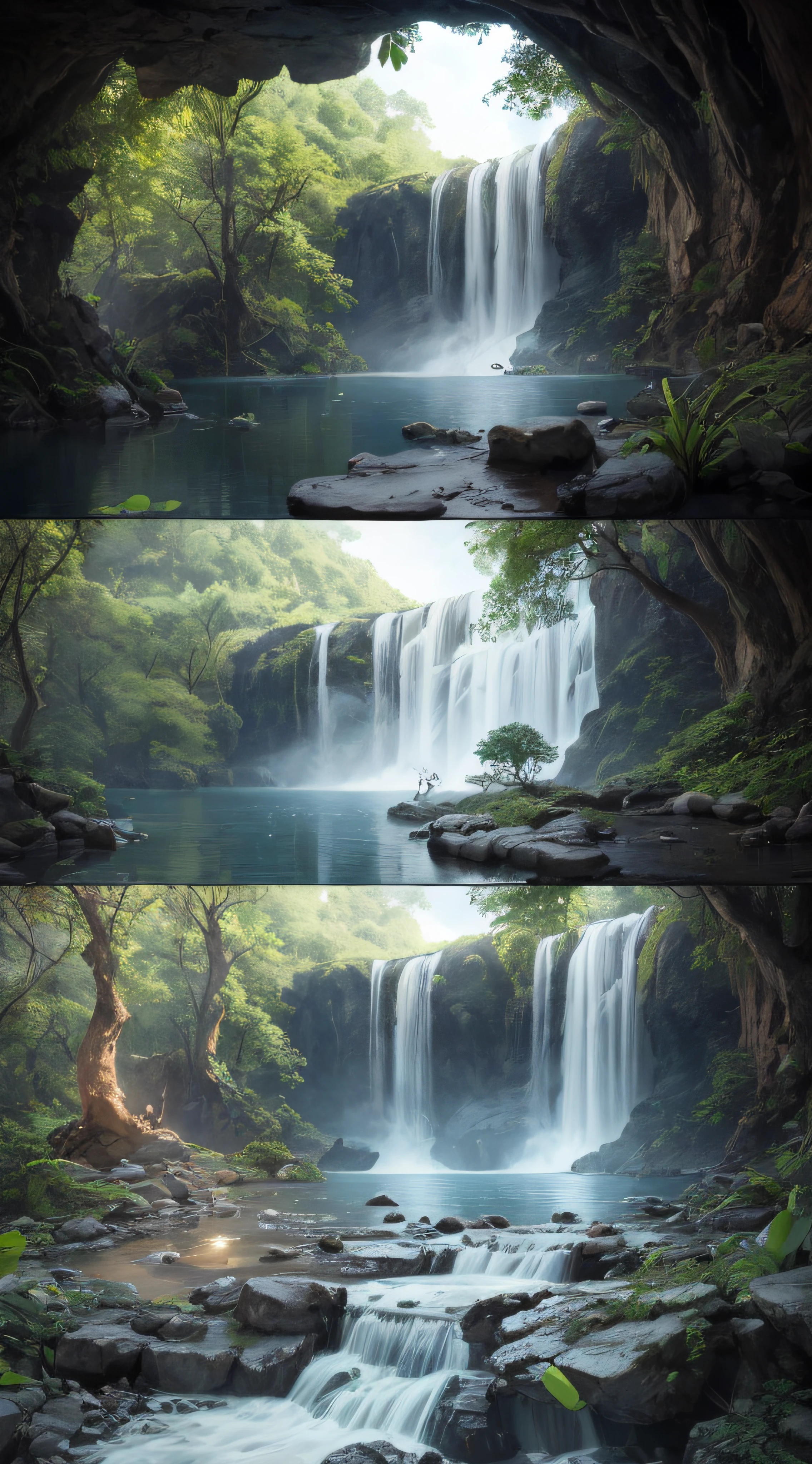 Hot springs, water vapor, waterfalls, ancient Chinese times, spring, jungle, lake, cave, tree, meadow, (illustration: 1.0), epic composition, realistic lighting, HD details, masterpiece, best quality, (very detailed CG unified 8k wallpaper)