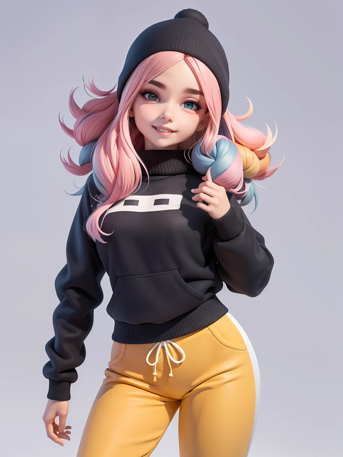 (obra-prima), (melhor qualidade), (ultra-detalhado), (corpo inteiro: 1.2) bonita e fofa, capuz, moletom preto, Knitted jumpsuits, Pants, jaqueta, blusa, sorriso claro, corpo inteiro, :3, fundo tom pastel , colorido e simples.