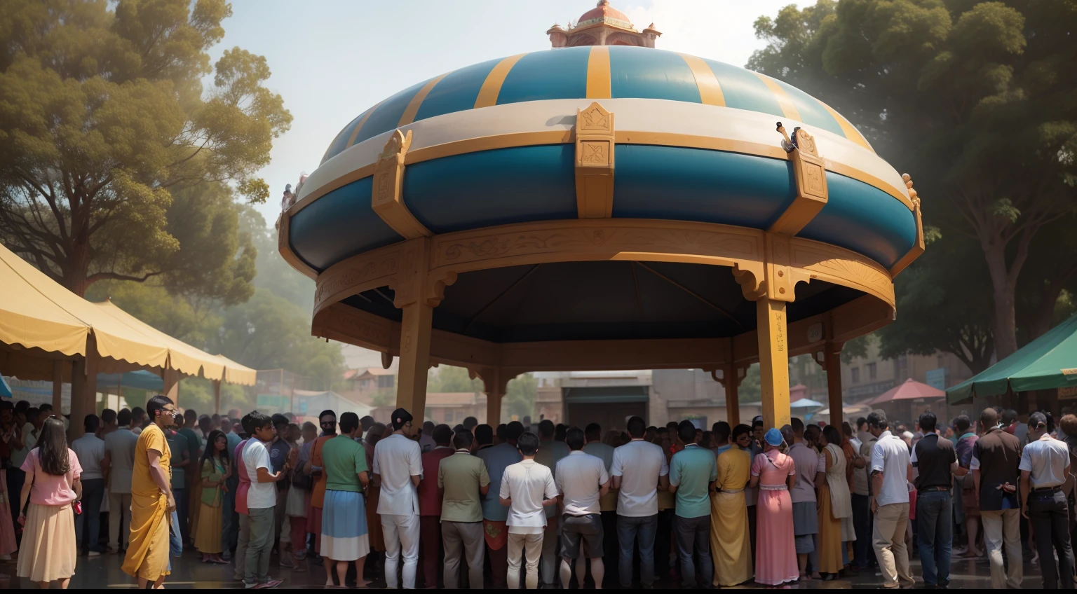 A crowd of people gathers around the ride as they see Chintu's mischievous act. Children are laughing and cheering, and some adults are also smiling at his playful antics.