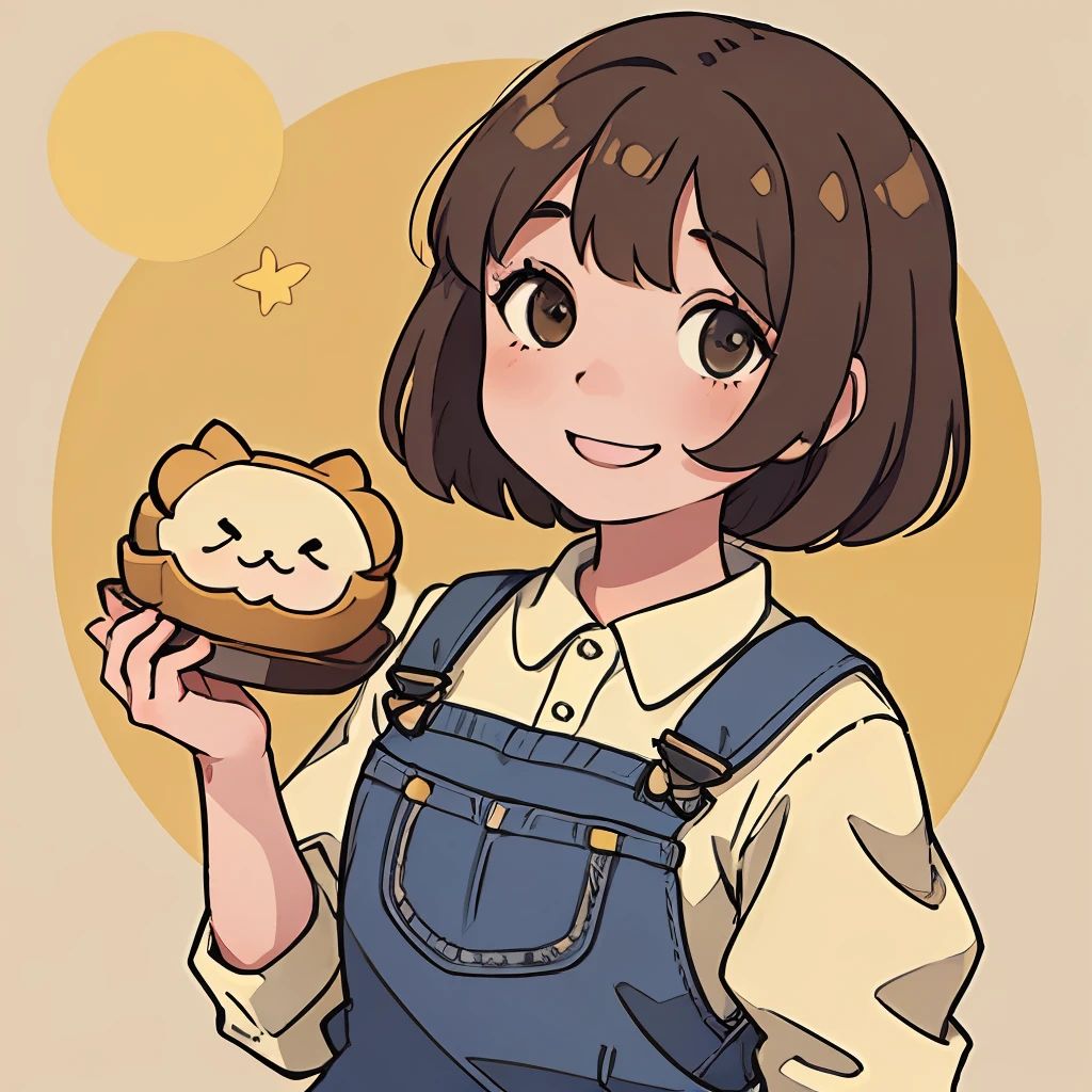 Girl with brown hair、bob-cut、Gray eyes、((Deformed))、A smile、Looking at the camera、Khaki overalls、broken composition、((No background))、Jump out of the yellow circle、For icons、Cute little bunny、Mooncake-shaped full moon、Mid-Autumn Festival、