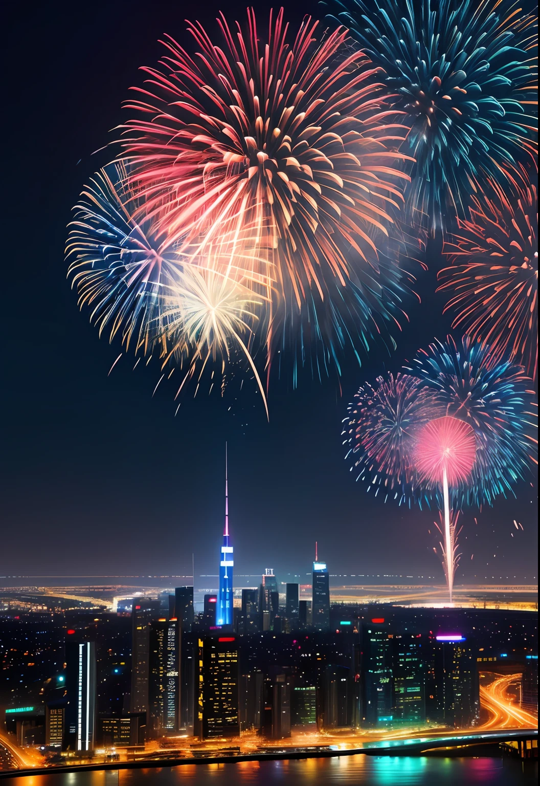 A breathtaking cityscape at night, unlike any seen before. The skyline is illuminated with vibrant lights from towering skyscrapers, and above them, a spectacular display of fireworks bursts, painting the sky with brilliant colors. The reflection of the city and fireworks on a nearby body of water adds to the mesmerizing view. Medium: Photography. Style: Photo hyper-realism, capturing the grandeur and beauty of a city's nightlife enhanced by a dazzling fireworks display. Lighting: The ambient glow from the city lights complemented by the radiant brilliance of the fireworks. Colors: A palette of deep blues and blacks of the night sky, juxtaposed with the vibrant hues of the city lights and fireworks. Composition: Canon EOS 5D Mark IV DSLR camera, EF 24-105mm f/4L IS II USM lens, Resolution 30.4 megapixels, ISO sensitivity: 800, Shutter speed 1/60 second, a panoramic shot capturing the expansive cityscape, the fireworks, and their reflections. --ar 16:9 --v 5.1 --style raw --q 2 --s 750