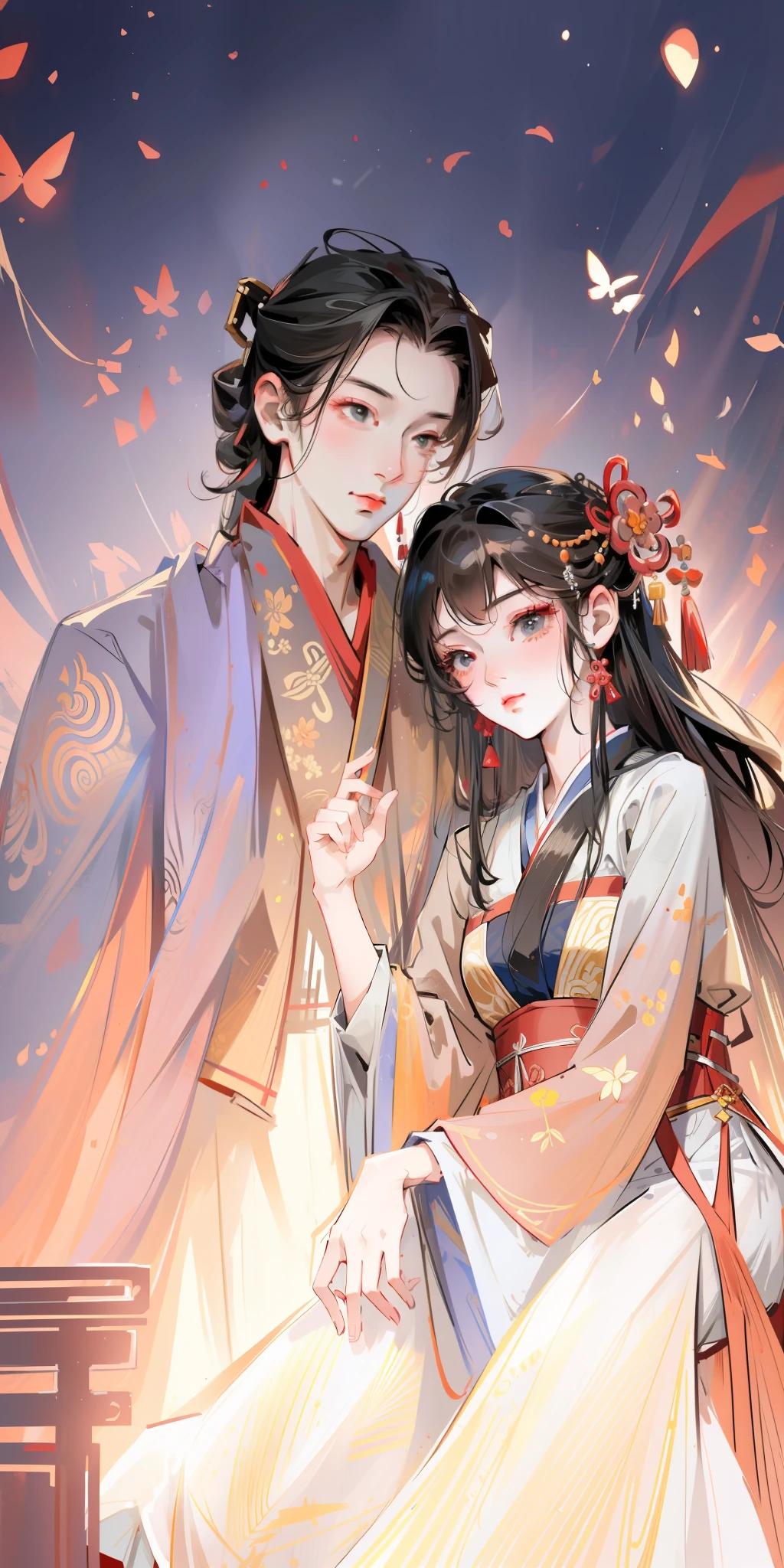 Works of masters，Hanfu，It is engaging and beautifully composed，Enough to be a masterpiece。The painting is undoubtedly super detailed，Best picture quality，Higher quality，high detal， 超高分辨率， 8K分辨率， depth of fields， cinematic photogtaphy， intricately details， carefully， meticuloso， glorious， max detail， extreme beautiful， A picture， tmasterpiece， （Best picture quality）， Higher quality， high detal， 超高分辨率， in a panoramic view， Exquisite facial features， s the perfect face，Detailed digital anime art，，Anime couple sitting on bench，The background is a painting, Guviz-style artwork, Palace ， A girl in Hanfu, Guviz, Wearing ancient Chinese clothes, Inspired by Bian Shoumin, Detailed fanart, highly detailed exquisite fanart, Guweiz in Pixiv ArtStation, cute couple, Kawasi, boy girl traditional romance