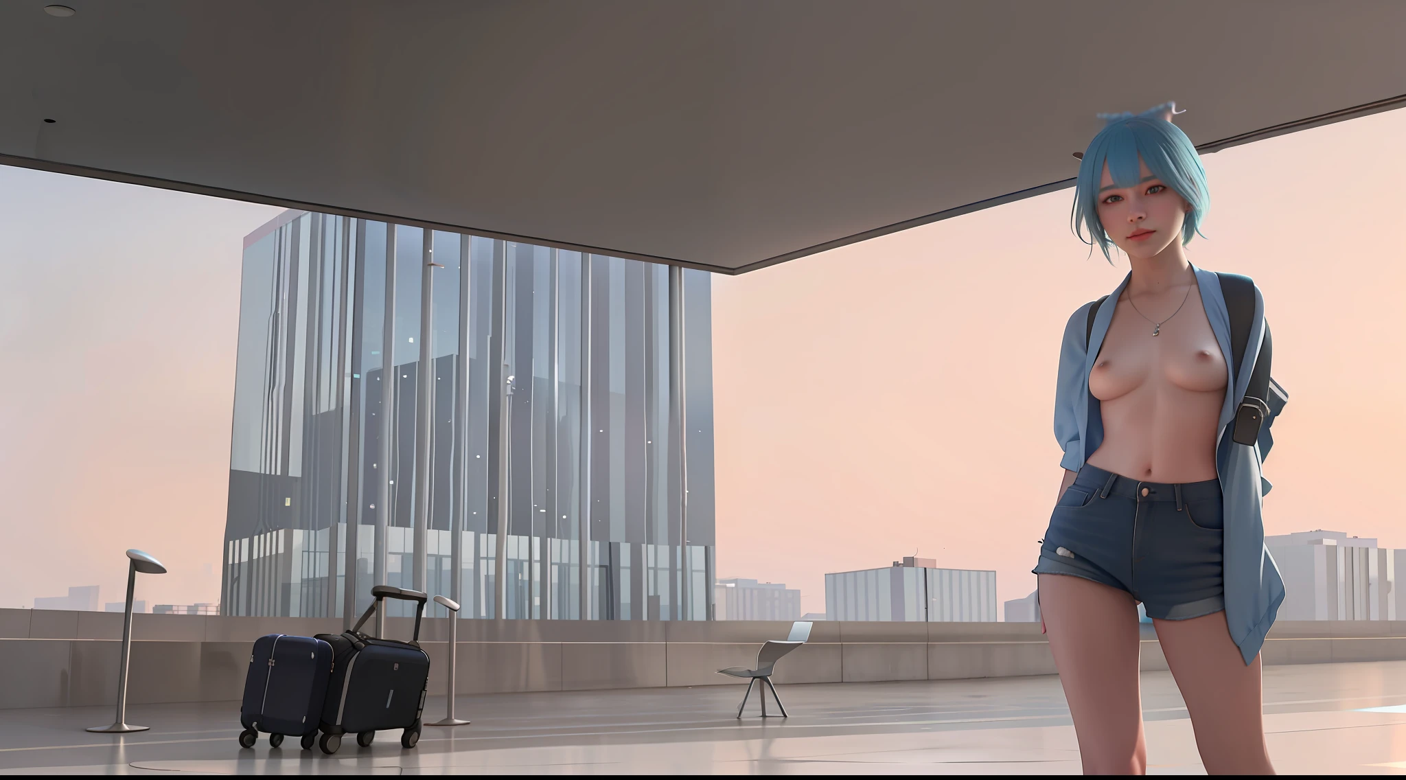  sister，blue  hair，Outdoor airport，standing on your feet，Spread your legs，nedium breasts，Naked，，dewpoint，8K maximum resolution，realisticlying，Slim