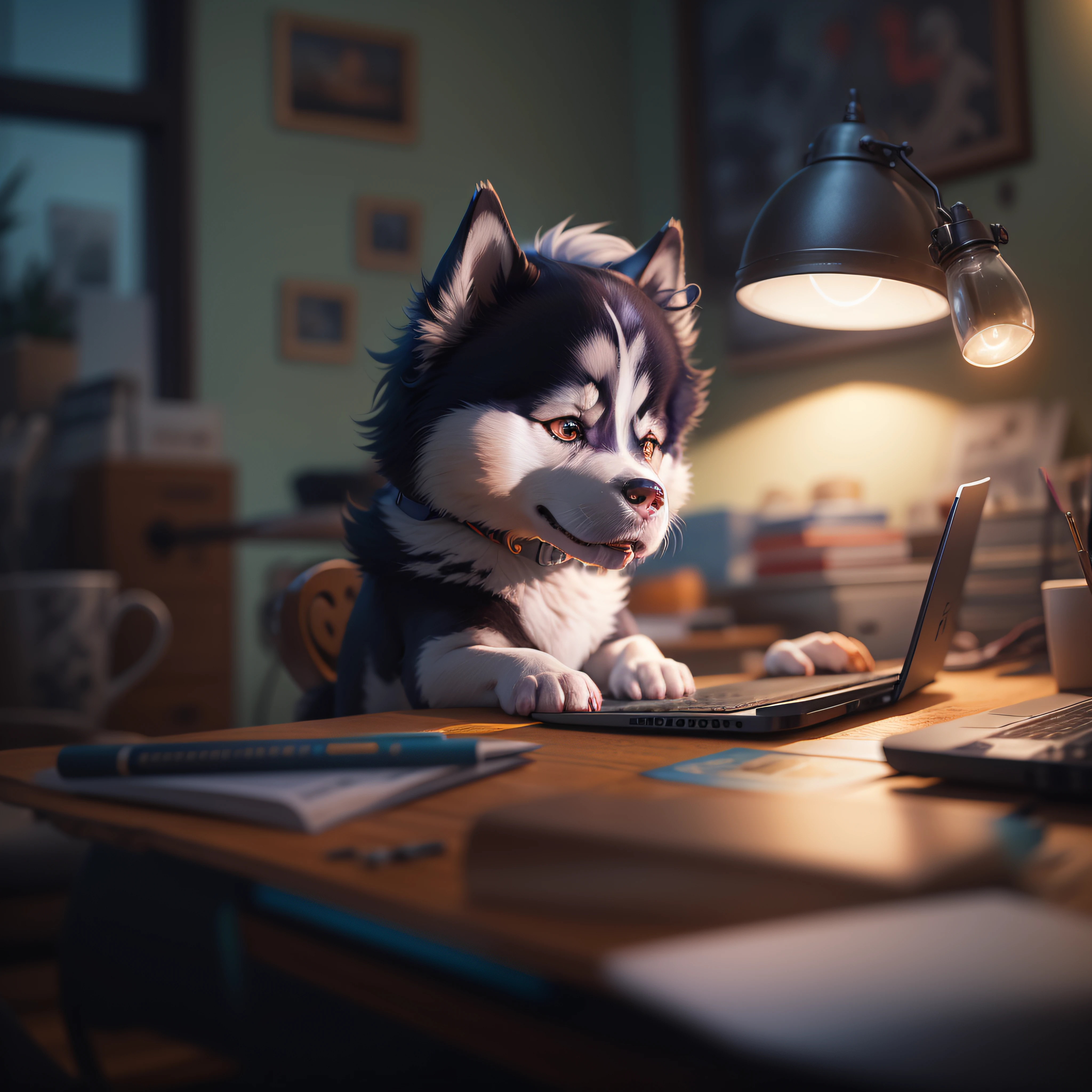 A cute little husky sits at his desk,holding laptop,soft render, low detail, ultra graphics, Cinematic dramatic light, Advanced perspective, Colourful, cheerfulness, Bokeh,rays of moonlight, fisheyelens, rays of sunshine, Concept artist, (The art of Jean Arp:1.2), offcial art, Unity 8k壁紙, ultra - detailed, aesthetics, tmasterpiece, best qualtiy, realisticlying,low tune,cold light