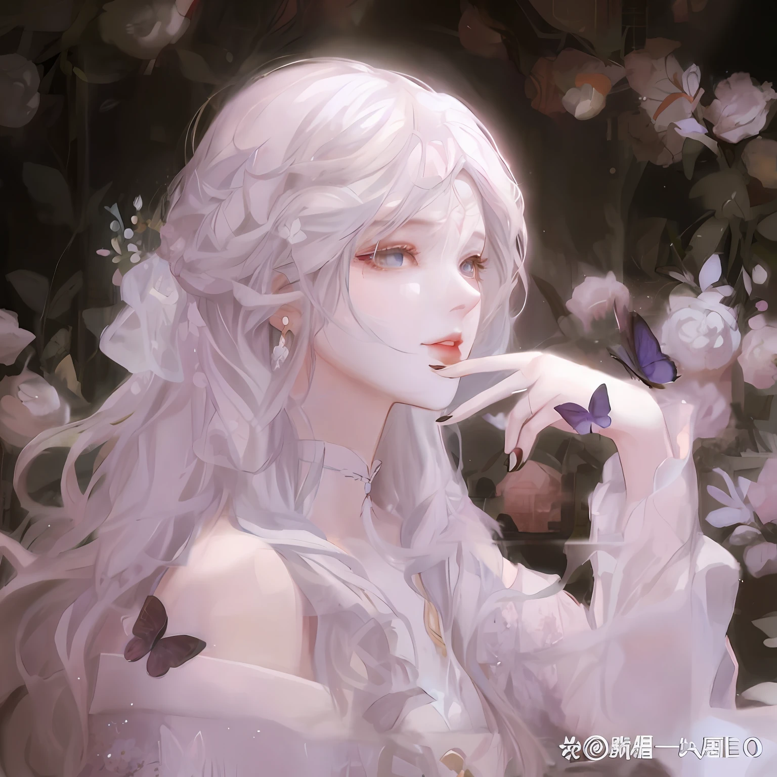 Anime girl with long white hair and butterflies in her hands, by Yang J, in the art style of bowater, Beautiful character painting, a beautiful anime portrait, Guviz-style artwork, Beautiful anime style, white-haired god, Guviz