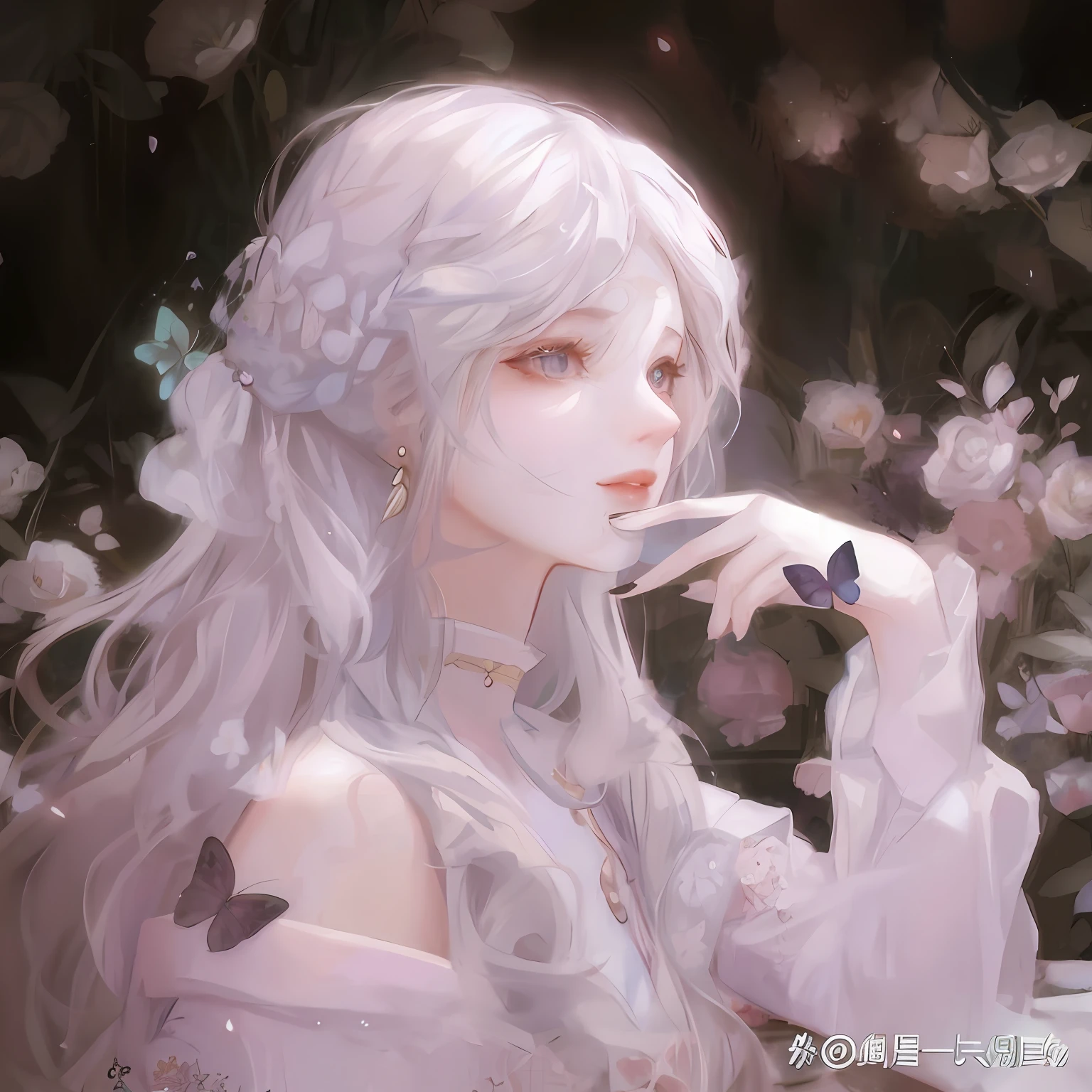 Anime girl with long white hair and butterflies in her hands, by Yang J, in the art style of bowater, Beautiful character painting, a beautiful anime portrait, Guviz-style artwork, Beautiful anime style, white-haired god, Guviz