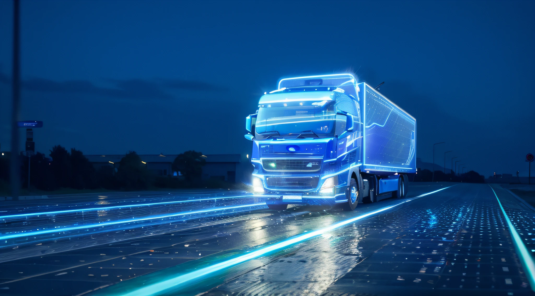 Araff trucks driving on blue-light roads, trucks, light transport simulation, digitally drawn, transportation design render, computer generated, cybertruck, photorender, The Car, author:Joseph Werner, artistation render, Artistic rendering, Light transportation, author:Wayne England, vehicle, rendering, mobile, Hologram paint car, fast, A high resolution,8K,The body contours are clearly detailed,Clear wheel details