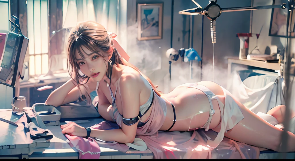 ( Award-Awarded, 8K, acurate, best qualtiy, The is very detailed, photorealisti, Top angle of view), Abandoned hospitals, Cracked walls, Operating table, Wrap the ribbon around the body, Whole body bondage,A woman who is, Pretty japanese woman, 29years old, Beautiful and charming, Sexy stunner, Detailed facial features, Textured skin, an look of enjoyment, Pink White Long Hair, Very long hair, Voluptious body, Slender body, Slender limbs, Naked upper body, Tulle transparent pliers, Lie on the operating table, The body is bound by ribbons, Adhesive tape sealing, The ribbon tightens the crotch, Sex slaves, Burning with desire , Sexual suggestiveness, Highlight the buttocks, Show off yourself,Genital water , Cinematic lighting effects, lightand shade contrast, dynamic blur, ((Abandoned hospitals, Operating table, Cold fiber, lens_flare, srestrained, drenched all over the body, Punished, ceza, Vaginal rundown))