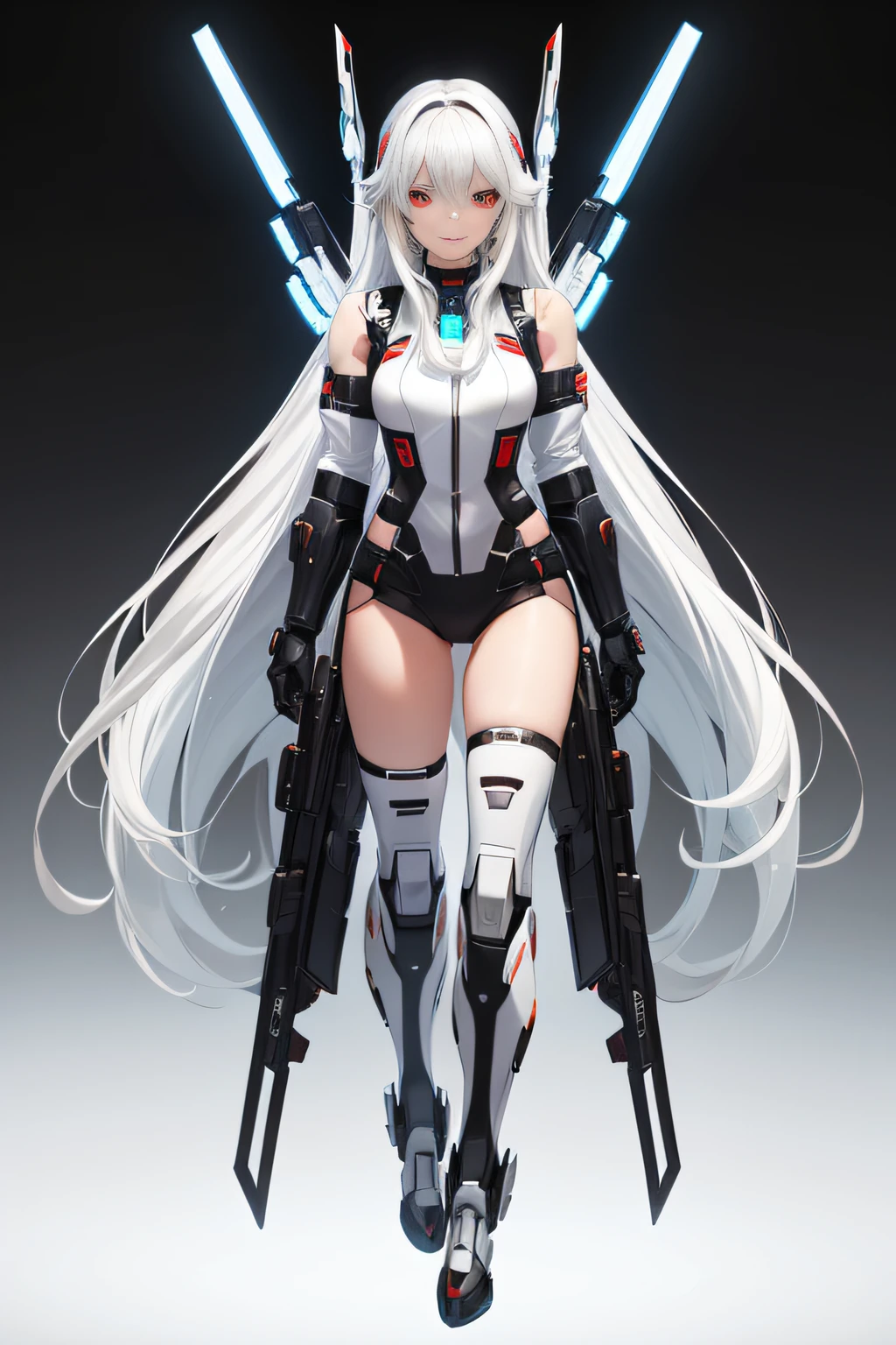 Sci-fi girl character design，With sci-fi gun equipped，Wearing a white sci-fi costume，Has long hair，The eyes are red。Rebellious personality with a bad smile，Exudes evil，Wearing a mecha exoskeleton