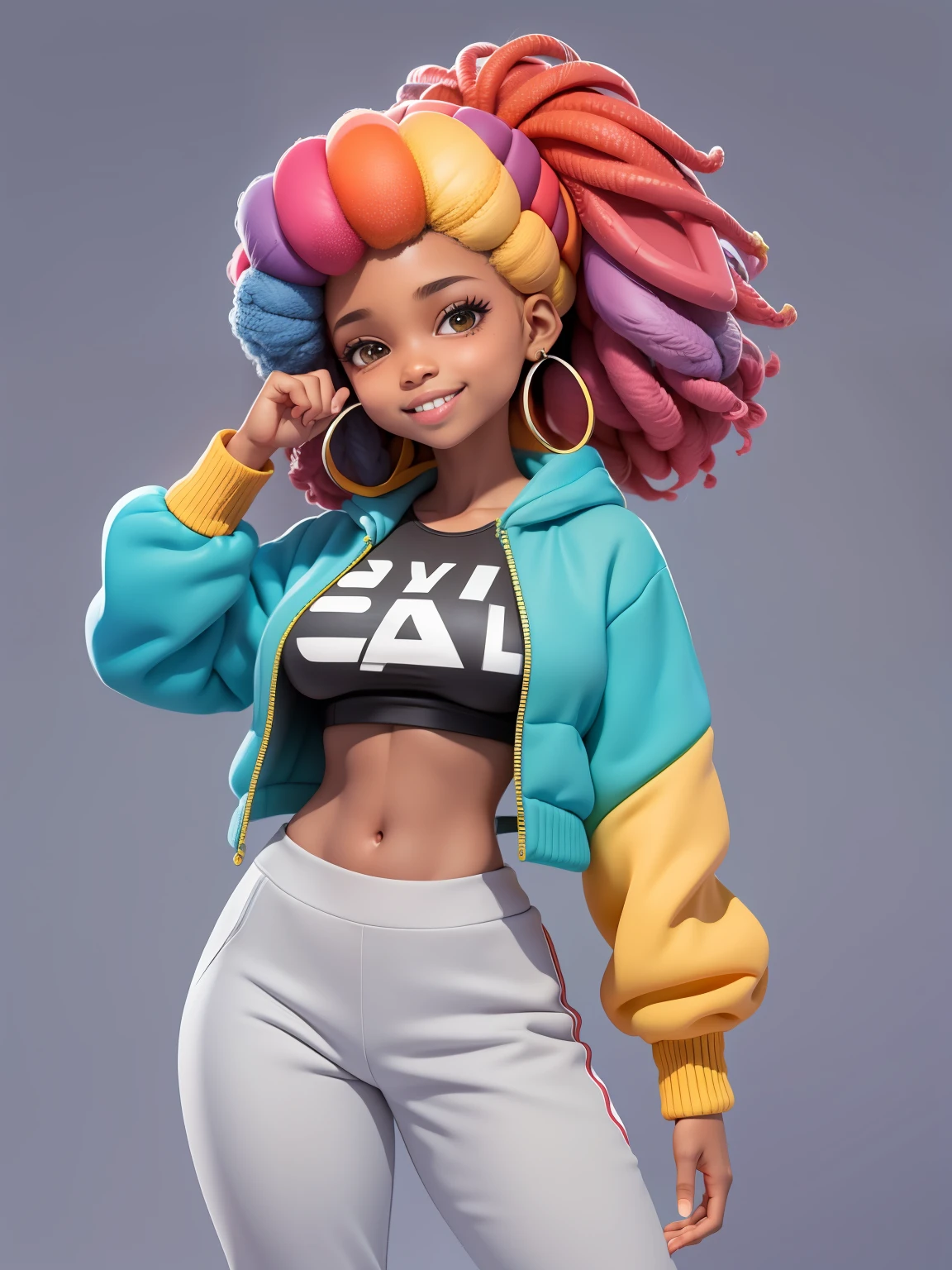 (obra-prima), (melhor qualidade), (ultra-detalhado), (corpo inteiro: 1.2) menina afro, bonita e fofa, capuz, moletom preto, Knitted jumpsuits, Pants, jaqueta, blusa, sorriso claro, corpo inteiro, :3, fundo tom pastel , colorido e simples.
