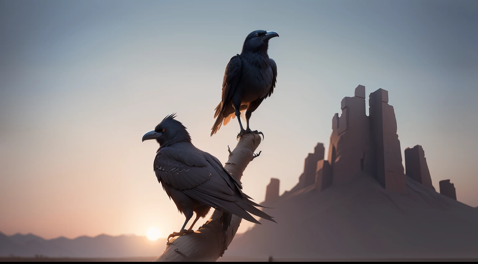 crow standing on a tree branch without leaves, in the desert, 8k, high quality, realistic