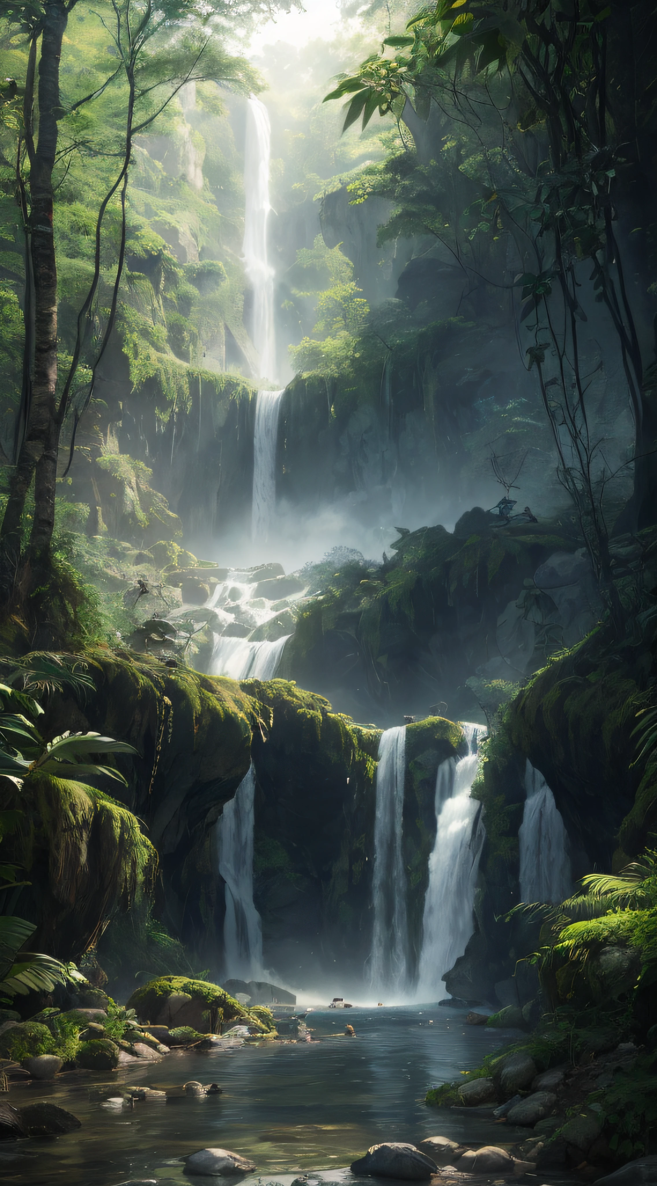 Hot springs, water vapor, waterfalls, ancient Chinese times, spring, jungle, lake, cave, tree, meadow, (illustration: 1.0), epic composition, realistic lighting, HD details, masterpiece, best quality, (very detailed CG unified 8k wallpaper)
