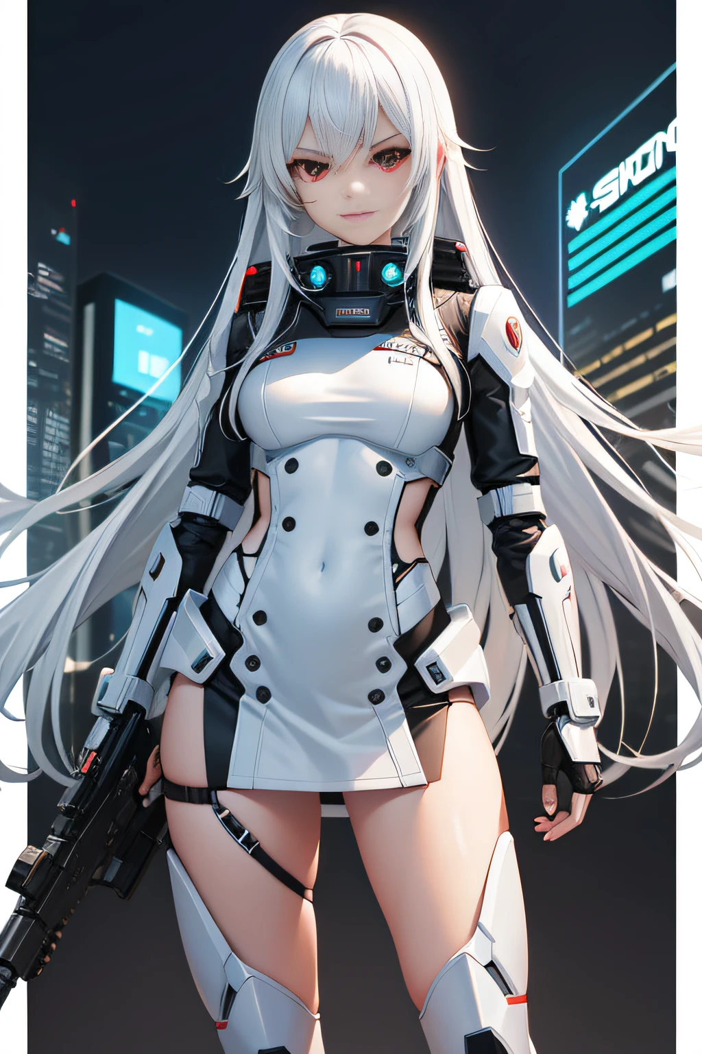 Sci-fi girl character design,With sci-fi gun equipped,Wearing a white sci-fi costume,Has long hair,The eyes are red。Rebellious personality with a bad smile,Exudes evil,Wearing a mecha exoskeleton