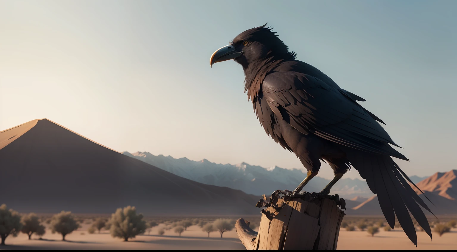 crow standing on a tree branch without leaves, in the desert, 8k, high quality, realistic