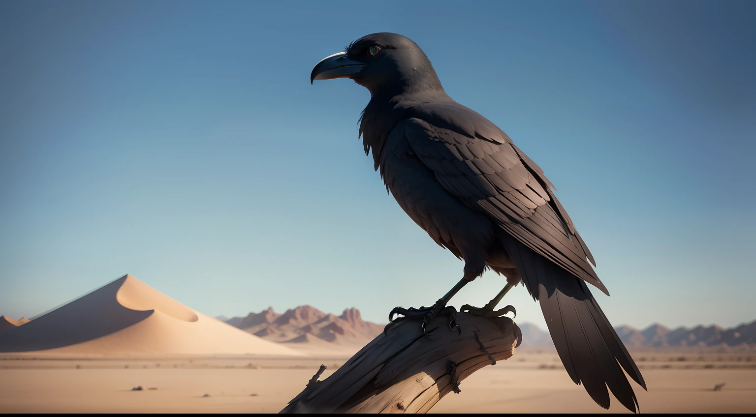 crow standing on a tree branch without leaves, in the desert, 8k, high quality, realistic