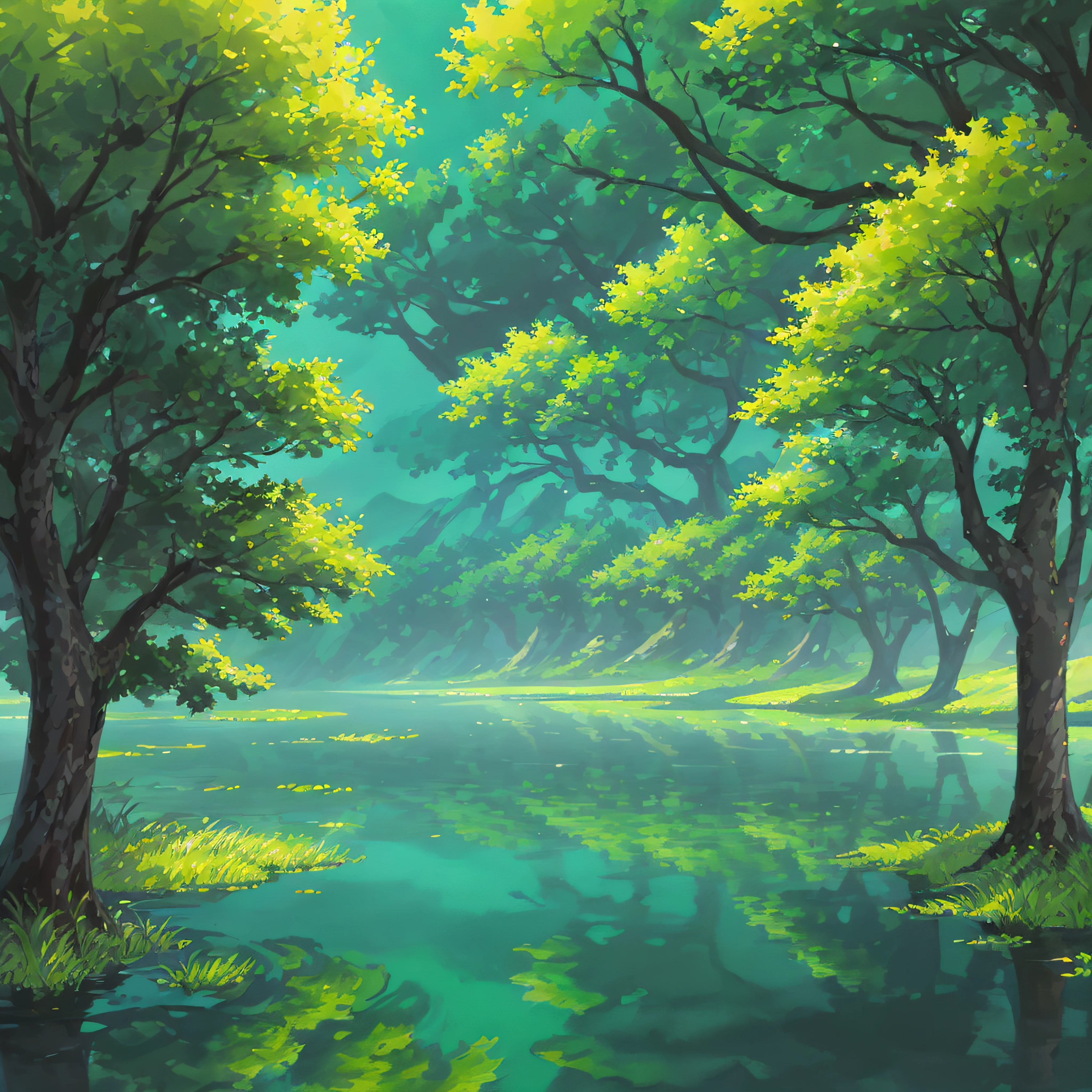 a painting of a swamp with trees and water, concept art by James Gilleard, cgsociety, plein air, concept art, 2d game art, rich color palette