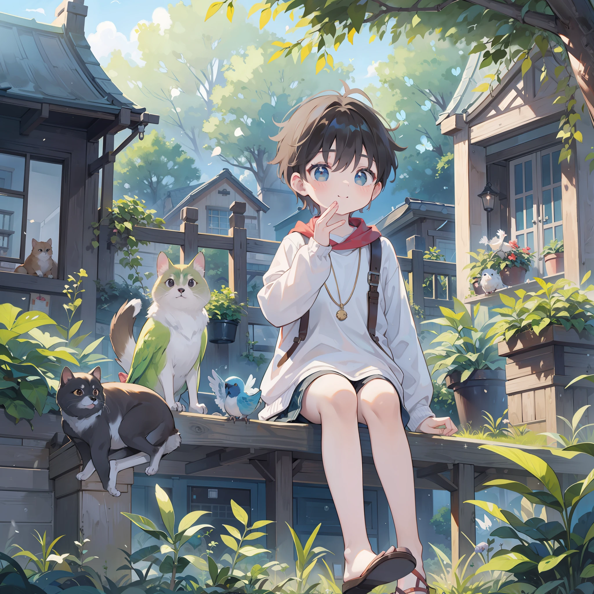 1 boy、(male )、Bery short hair、Brown hair、Beautiful face、Young face、a cool、Tiere、parakeet、a Dog、catss、Playing、Sit up、Huza、a smile、suns、outside of house、garden、Frolic with the dog、(High resolution of the highest quality)、((Masterpiece Highest Quality:1.2)), [[bad face]], [[Crushed face]], [[Tangled fingers]], [[Lots of fingers]]
