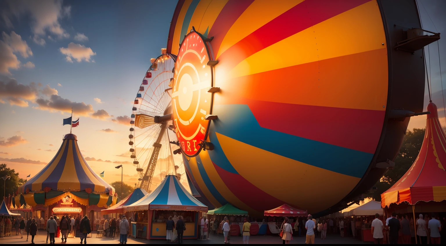 The sun is setting, and the whole fairground is illuminated with colorful lights
