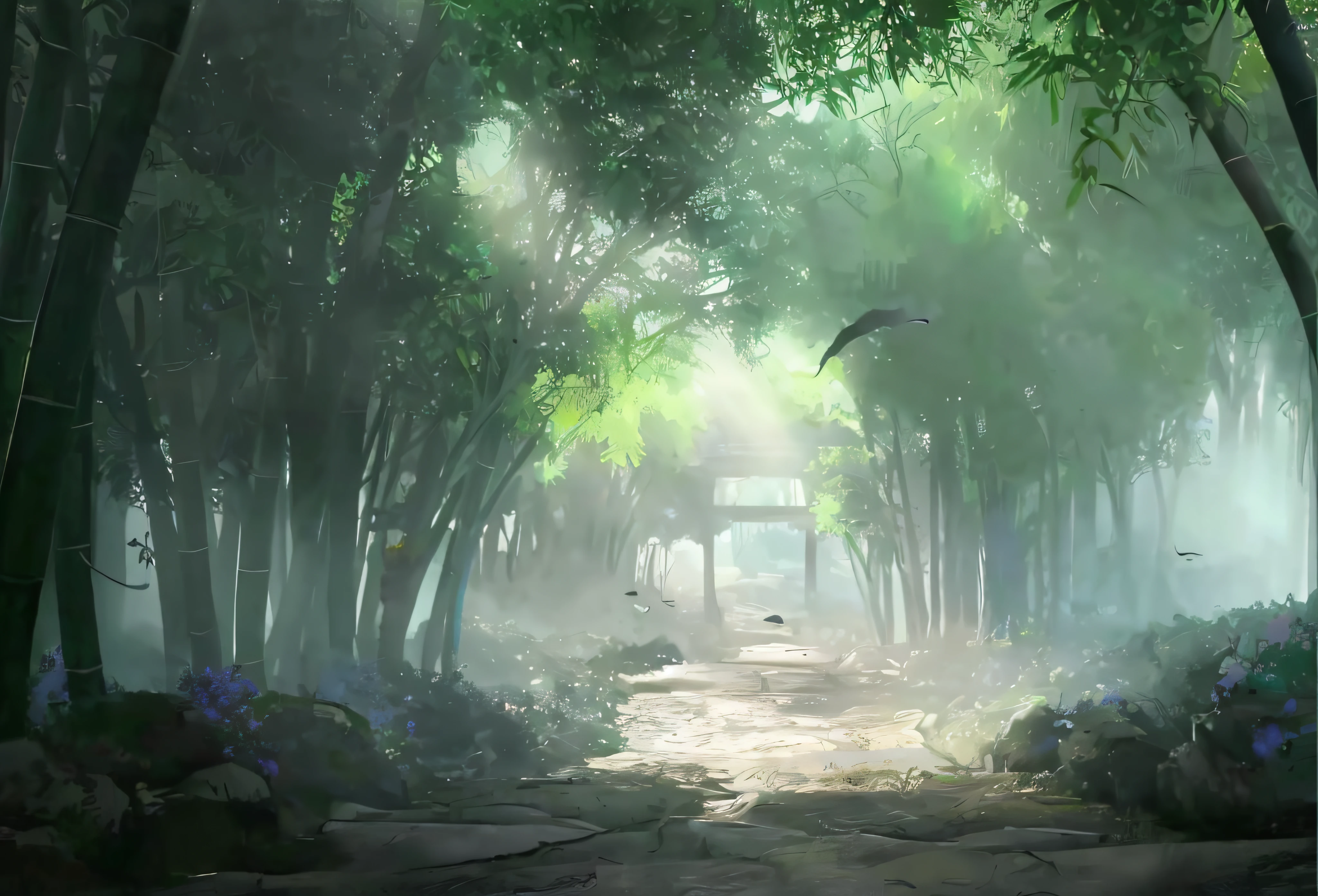 there is a path in the middle of a forest with a bird flying by, anime background art, ross tran. scenic background, beautiful anime scene, anime scenery concept art, beautiful concept art, anime beautiful peace scene, anime nature, concept art stunning atmosphere, relaxing concept art, style of raphael lacoste, beautiful anime scenery, 4k hd matte digital painting