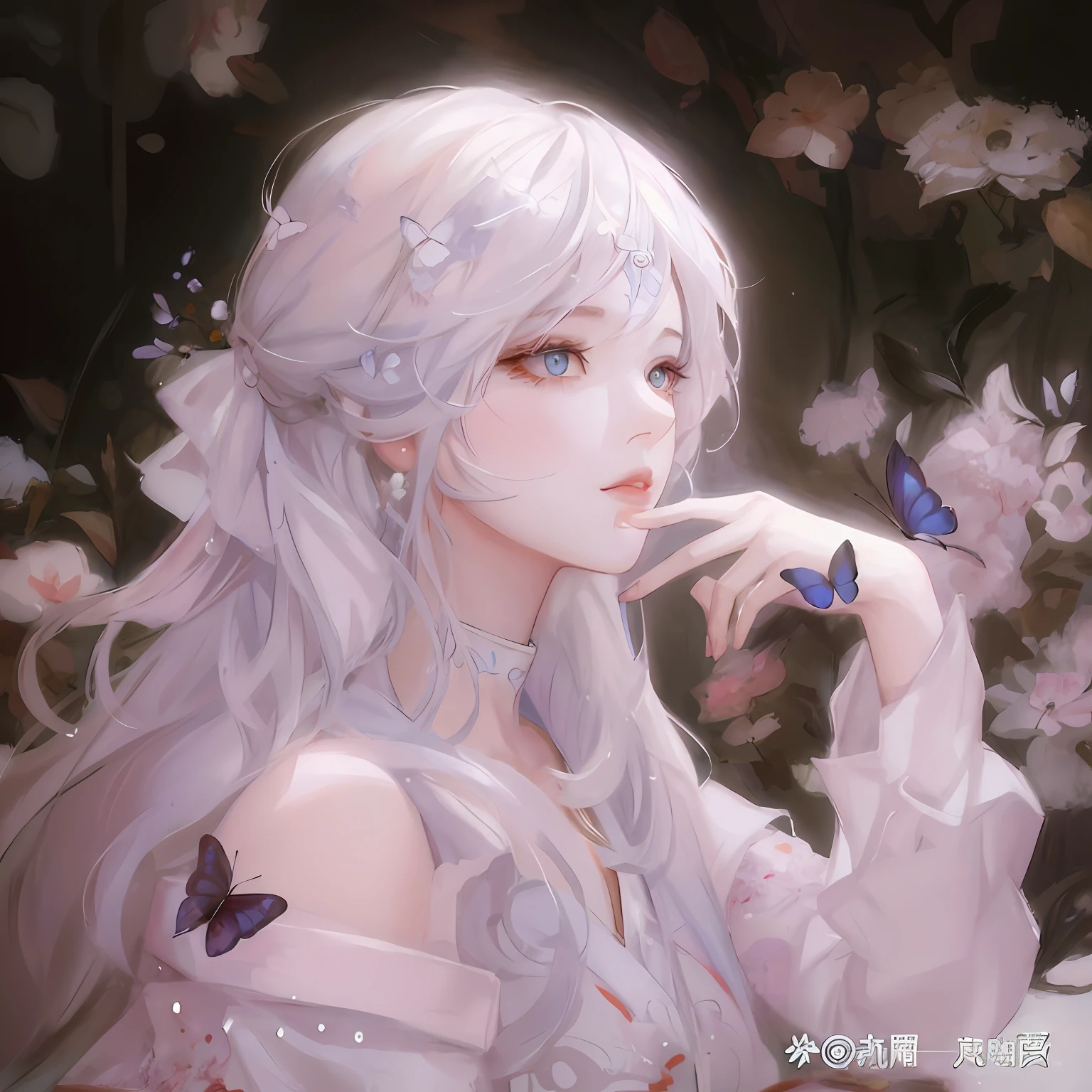 Anime girl with white hair and butterfly in her hands, Guviz, Guviz-style artwork, Guweiz in Pixiv ArtStation, Guweiz on ArtStation Pixiv, a beautiful anime portrait, by Yang J, Beautiful character painting, 8K high quality detailed art, A beautiful artwork illustration, guweiz masterpiece