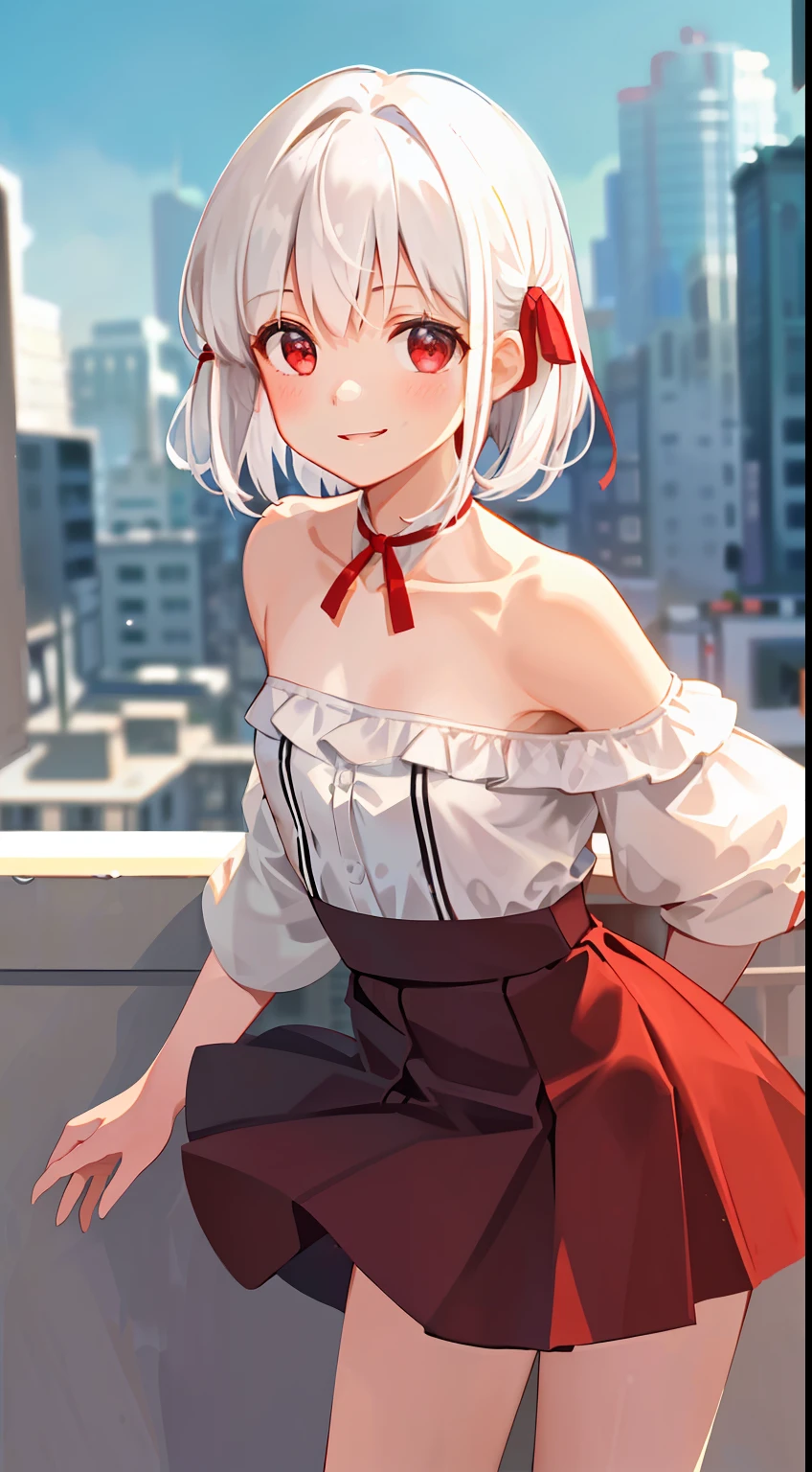masterpiece, best quality,1girl, solo, bangs, left hair ribbon, (small breasts:1.4), red eyes, short hair, smile, solo, white hair, (Strapless:1.1), (off-the-shoulder:1.1), (cowboy shot:1.2), city, (uniform:1.2), (partially_unbuttoned:1.1), (Externally expanded Chest:1.2), skirt, (bent over:1.2),