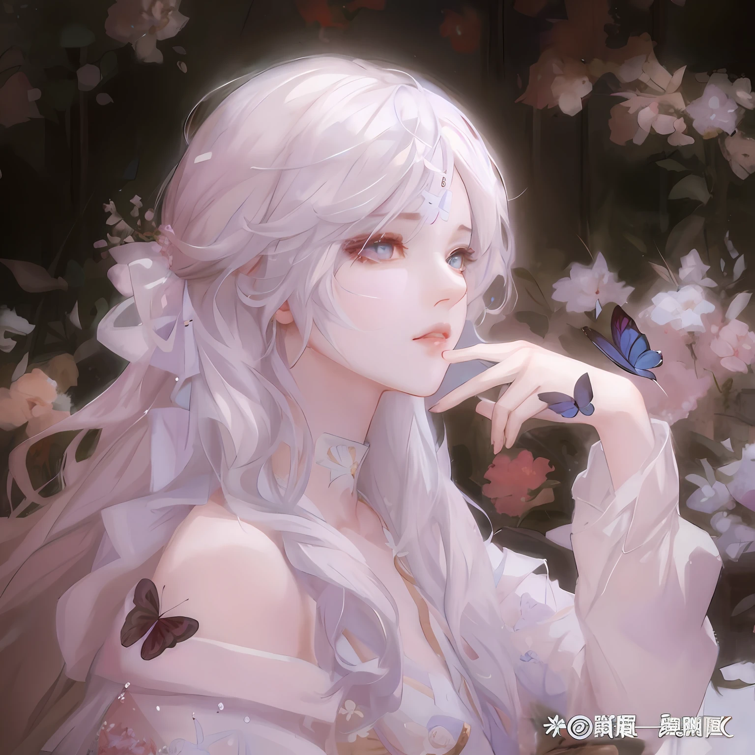 Anime girl with white hair and butterfly in her hands, Guviz, Guviz-style artwork, Guweiz in Pixiv ArtStation, Guweiz on ArtStation Pixiv, a beautiful anime portrait, by Yang J, Beautiful character painting, 8K high quality detailed art, A beautiful artwork illustration, guweiz masterpiece