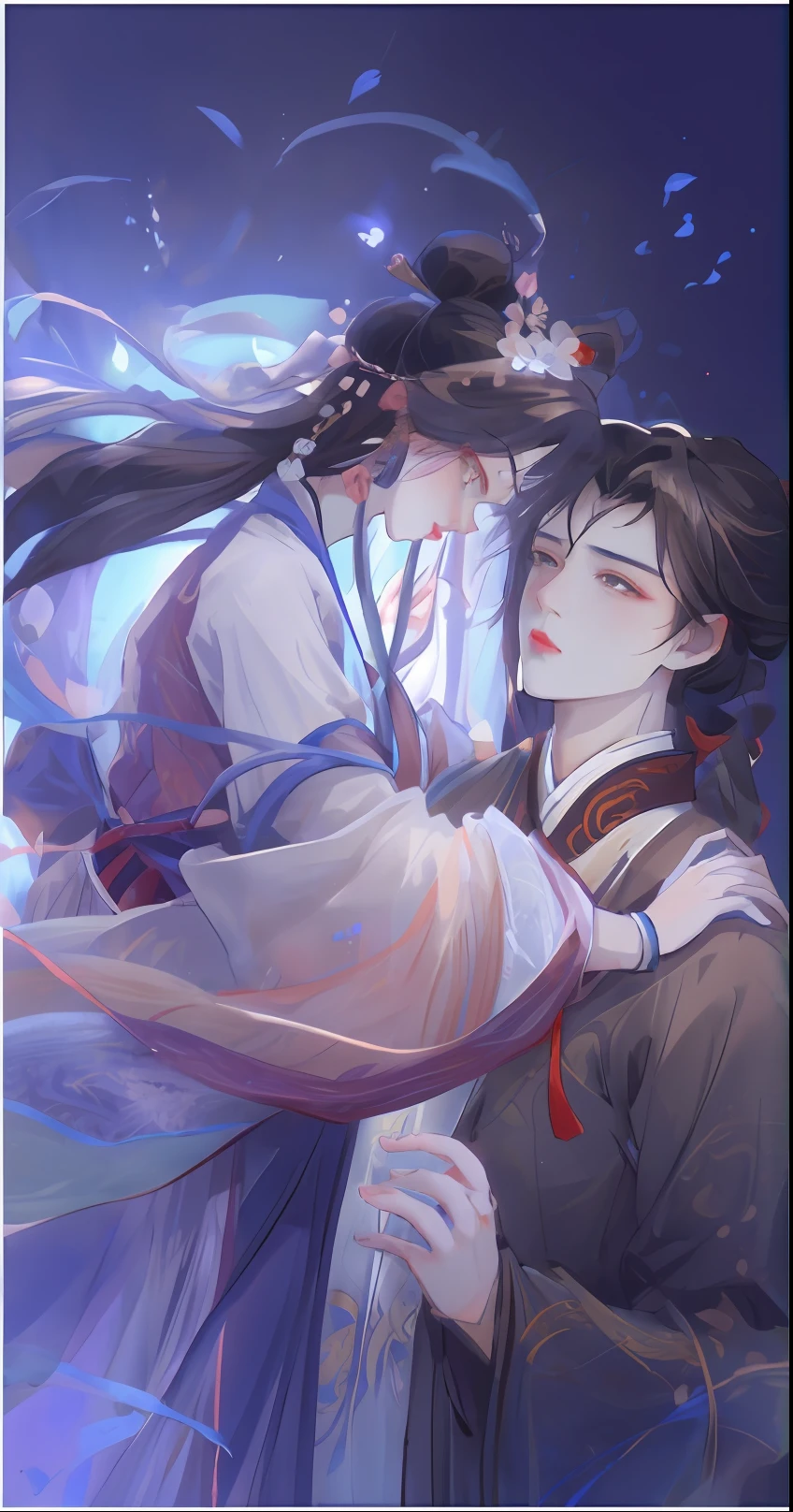 Works of masters,Hanfu,It is engaging and beautifully composed,Enough to be a masterpiece。The painting is undoubtedly super detailed,Best picture quality,Higher quality,high detal, 超高分辨率, 8K分辨率, depth of fields, cinematic photogtaphy, intricately details, carefully, meticuloso, glorious, max detail, extreme beautiful, A picture, tmasterpiece, (Best picture quality), Higher quality, high detal, 超高分辨率, in a panoramic view, Exquisite facial features, s the perfect face,Detailed digital anime art,Anime couple in traditional Chinese costumes hugging each other, Guviz-style artwork, heise jinyao, flowing hair and long robes, by Yang J, Palace , A girl in Hanfu, author:Yu Zheding, WLOP and Sakimichan, official fanart, By Leng Mei, full-body xianxia
