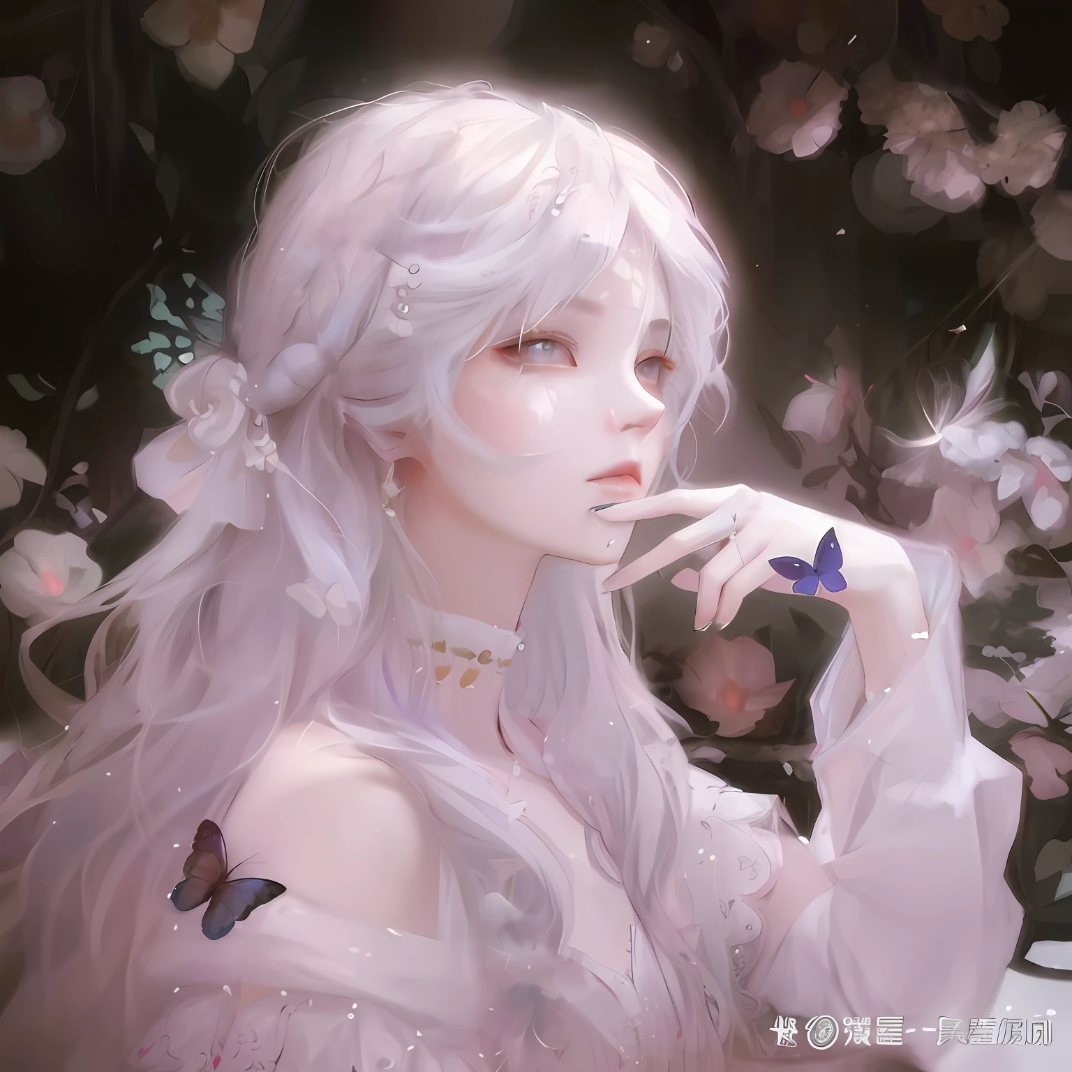 Anime girl with white hair and butterfly tattoo on her shoulder, Guviz, Guviz-style artwork, by Yang J, author：Chen Lin, Guweiz in Pixiv ArtStation, by Ye Xin, Guweiz on ArtStation Pixiv, a beautiful anime portrait, By Li Song, By Ni Tian, Ethereal beauty, inspired by Yanjun Cheng