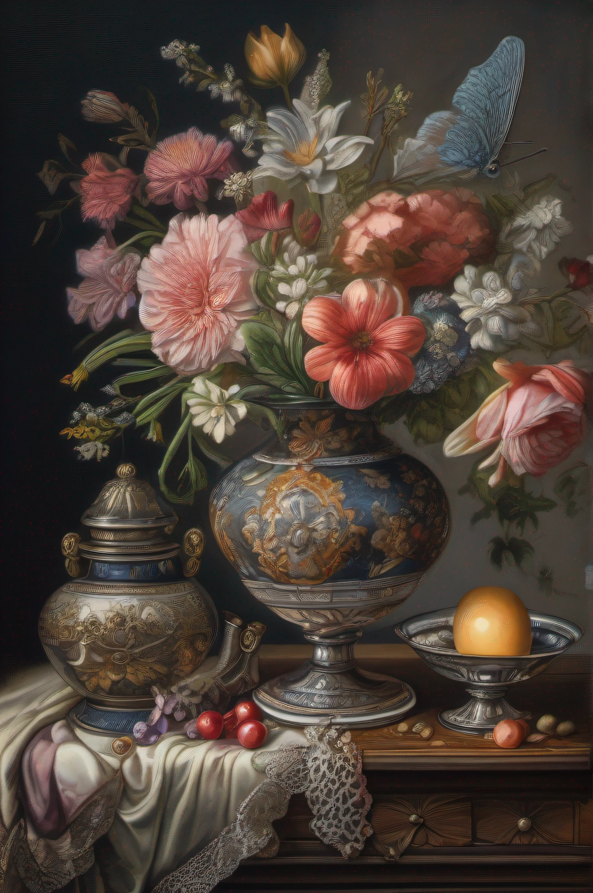 a compact still life with flowers in vase, historical jewelry hanging on vase, withering flowers all around, ((objects in realistic scale)), in the neutral dark background environment, darkened room,  cinematic lighting, contrast lighting, dslr,  insanely intricate details, amazing fine detail, hyper detailed, sharp focus, ultra high res, watercolor style, aquarell