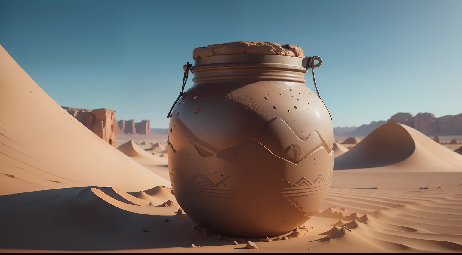 Mud jar, in the desert, 8k, high quality, realistic