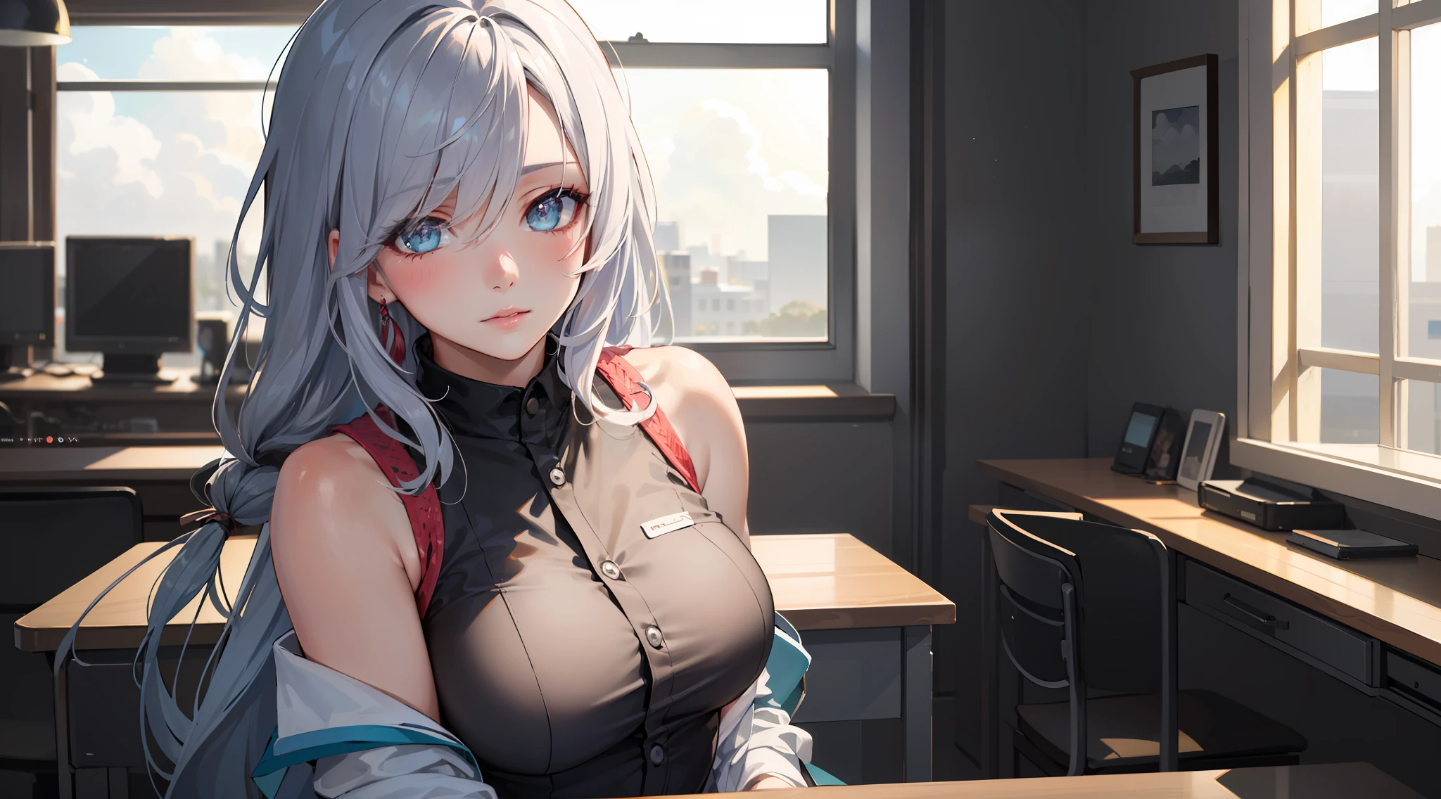 office girl, office suit, upper body, seductive look, blush, indoors, in office, looking at viewer, cloudy, moody lighting, (perfect detail eyes:1.2), glowing eyes, (long hair one braid:1.2), elemental skill effect, (Masterpiece, Best Quality, High Quality:1.4), professional artwork, Intricate Details, field of view, sharp focus, detailed painting, photorealistic lighting, trending on pixiv, (vivid lighting, vibrant colors:1.05), realistic shadows, ambient occlusion, (athletic body:1.3), mature woman, 30yo, shenhe, hyperdetail eyes, beautiful eyes