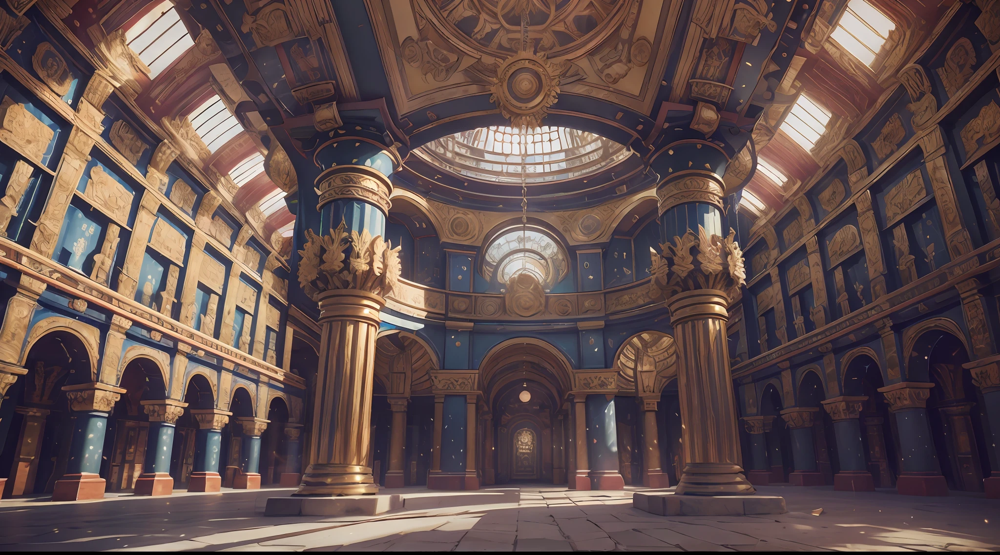 Inside Futurism, Vault-shaped, Festive look, Ultra-realistic temple with bright colors, 4K, Cinematic lighting, Natural lighting, Vibrant multicolored lighting, filmgrain, Cinematic lighting, High detail, Photoreal, Photorealistic, Volumetric lighting and shadows