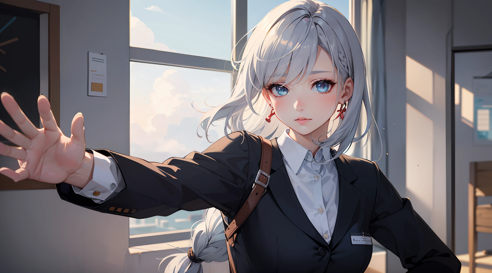 office girl, office suit, upper body, seductive look, blush, indoors, in office, looking at viewer, cloudy, moody lighting, (perfect detail eyes:1.2), glowing eyes, (long hair one braid:1.2), elemental skill effect, (Masterpiece, Best Quality, High Quality:1.4), professional artwork, Intricate Details, field of view, sharp focus, detailed painting, photorealistic lighting, trending on pixiv, (vivid lighting, vibrant colors:1.05), realistic shadows, ambient occlusion, (athletic body:1.3), mature woman, 30yo, shenhe, hyperdetail eyes, beautiful eyes, (((solo:1.4)))