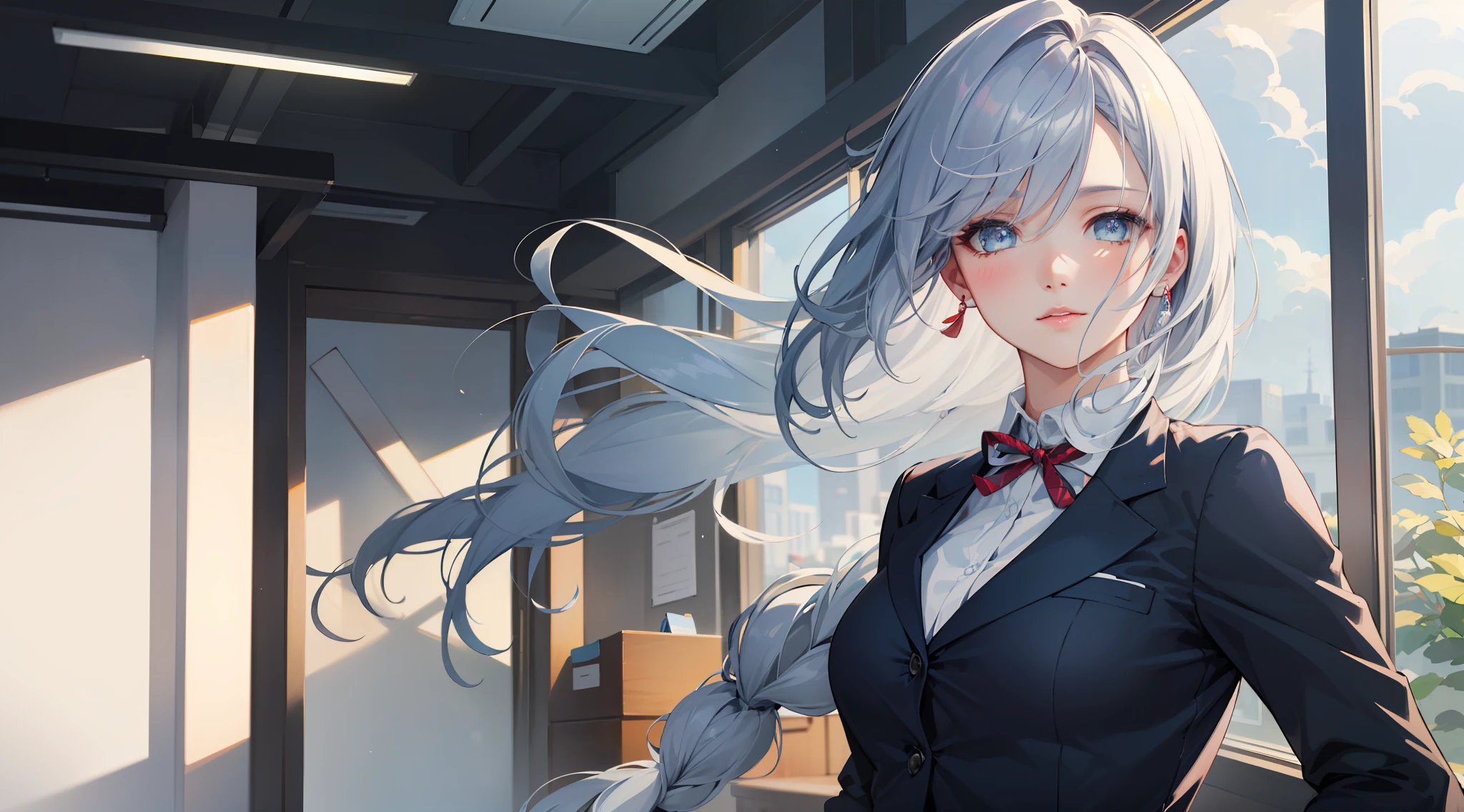 office girl, office suit, upper body, seductive look, blush, indoors, in office, looking at viewer, cloudy, moody lighting, (perfect detail eyes:1.2), glowing eyes, (long hair one braid:1.2), elemental skill effect, (Masterpiece, Best Quality, High Quality:1.4), professional artwork, Intricate Details, field of view, sharp focus, detailed painting, photorealistic lighting, trending on pixiv, (vivid lighting, vibrant colors:1.05), realistic shadows, ambient occlusion, (athletic body:1.3), mature woman, 30yo, shenhe, hyperdetail eyes, beautiful eyes, (((solo:1.4)))