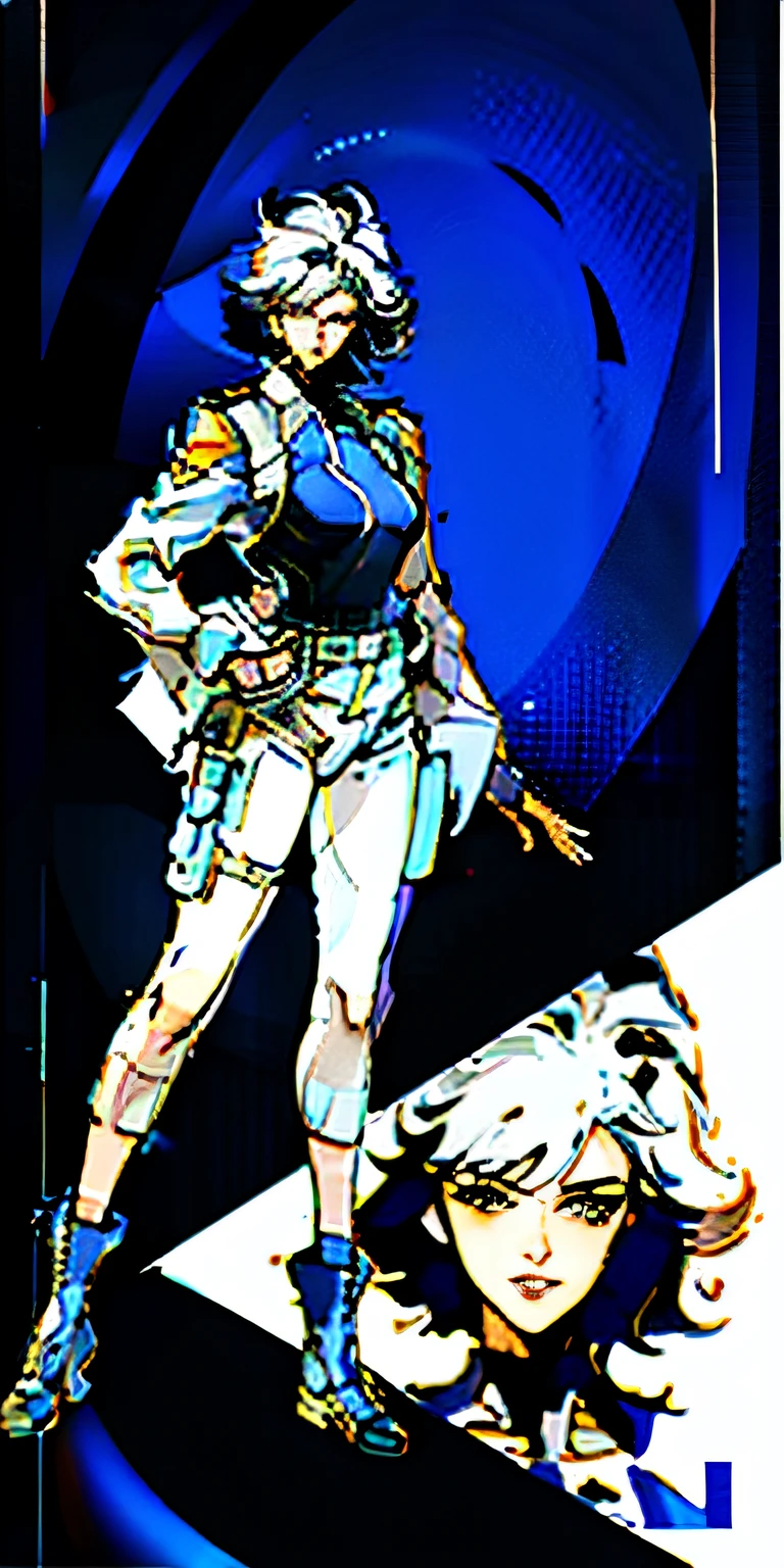 1girll,looking down on the camera,the breasts are large,White police uniform,There are no police hats,short white pants,no pant,pantiess,upper legs,White hair,short detailed hair,Dominant,