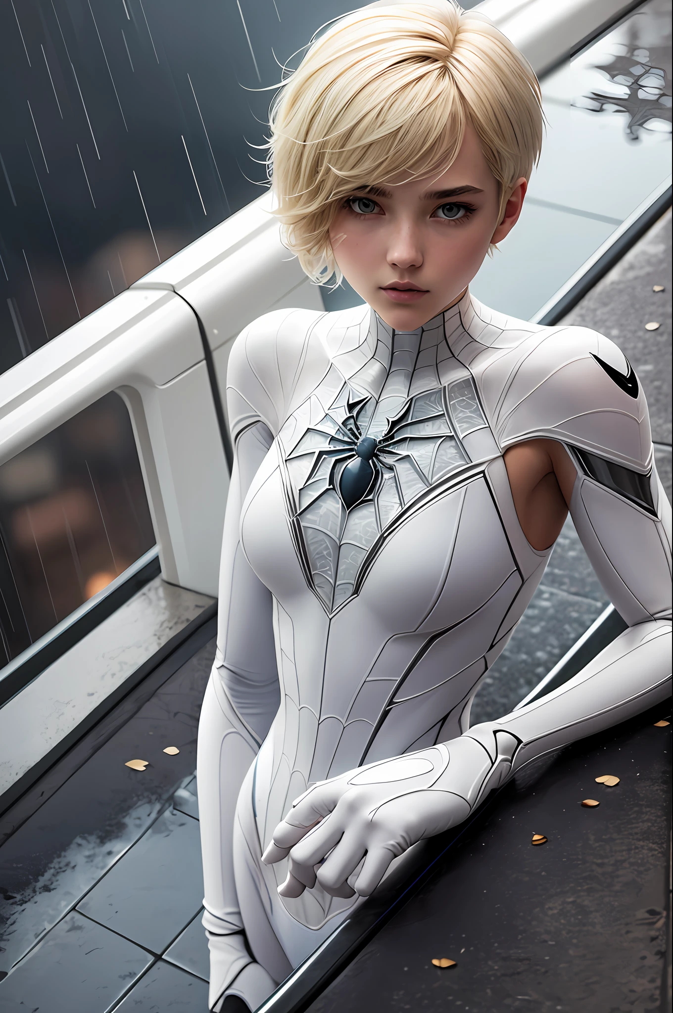 18 yo girl, white spider man suit, short blunt hair, blonde, beautiful face, rain, roof, masterpiece, intricate detail, perfect anatomy