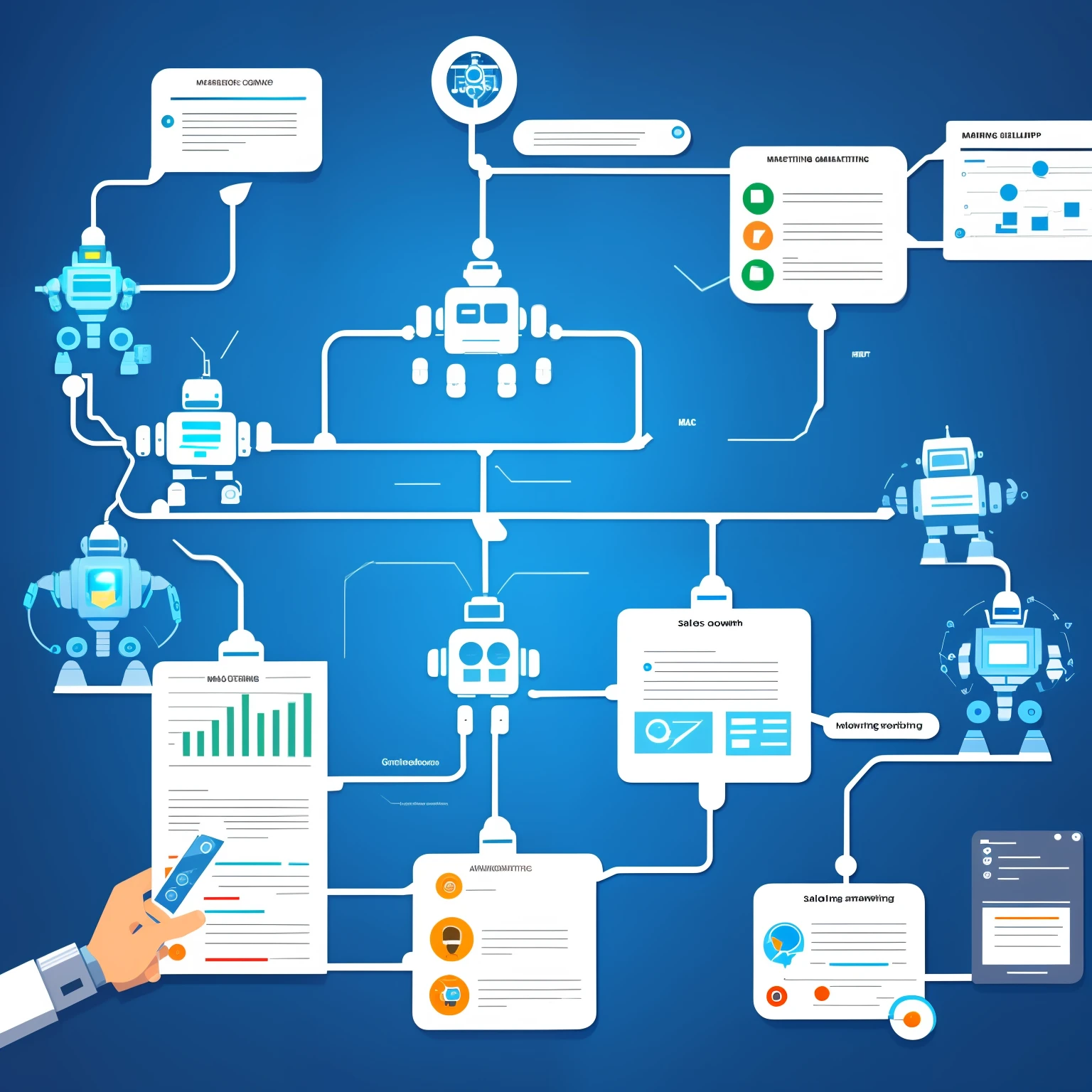 Humans and some robots, discussing on marketing concepts, flowcharts explanation, sales growth, sales chart, marketing charts, artificial intelligence robots