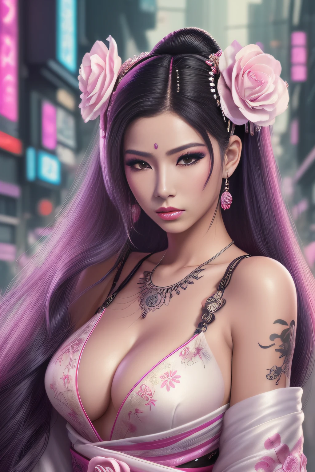 ((hiper realista, fotorrealista, 8k, detalhes intrincados) A gorgeous cyberpunk geisha with flowing hair, seios fartos, fleshy lips, usando um quimono rosa e branco com flores de neon adornados, posando em meio a uma cidade cybeprunk.
