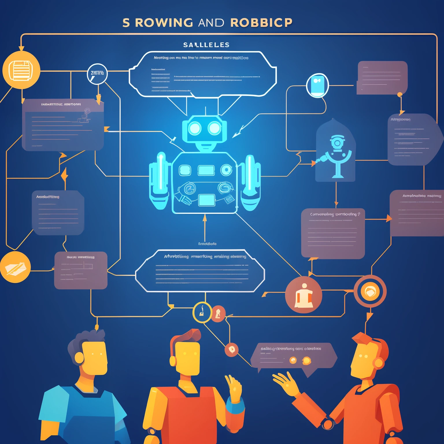 Humans and some robots, discussing on marketing concepts, flowcharts explanation, sales growth, sales chart, marketing charts, artificial intelligence robots