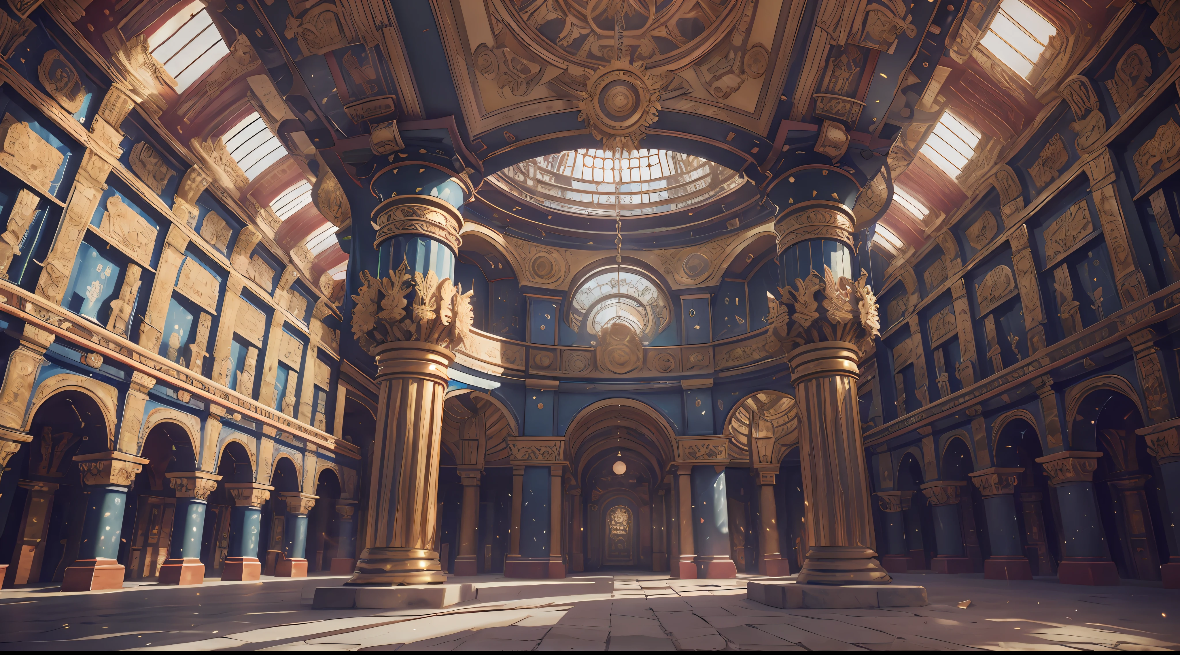 Inside Futurism, Vault-shaped, Festive look, Ultra-realistic temple with bright colors, 4K, Cinematic lighting, Natural lighting, Vibrant multicolored lighting, filmgrain, Cinematic lighting, High detail, Photoreal, Photorealistic, Volumetric lighting and shadows