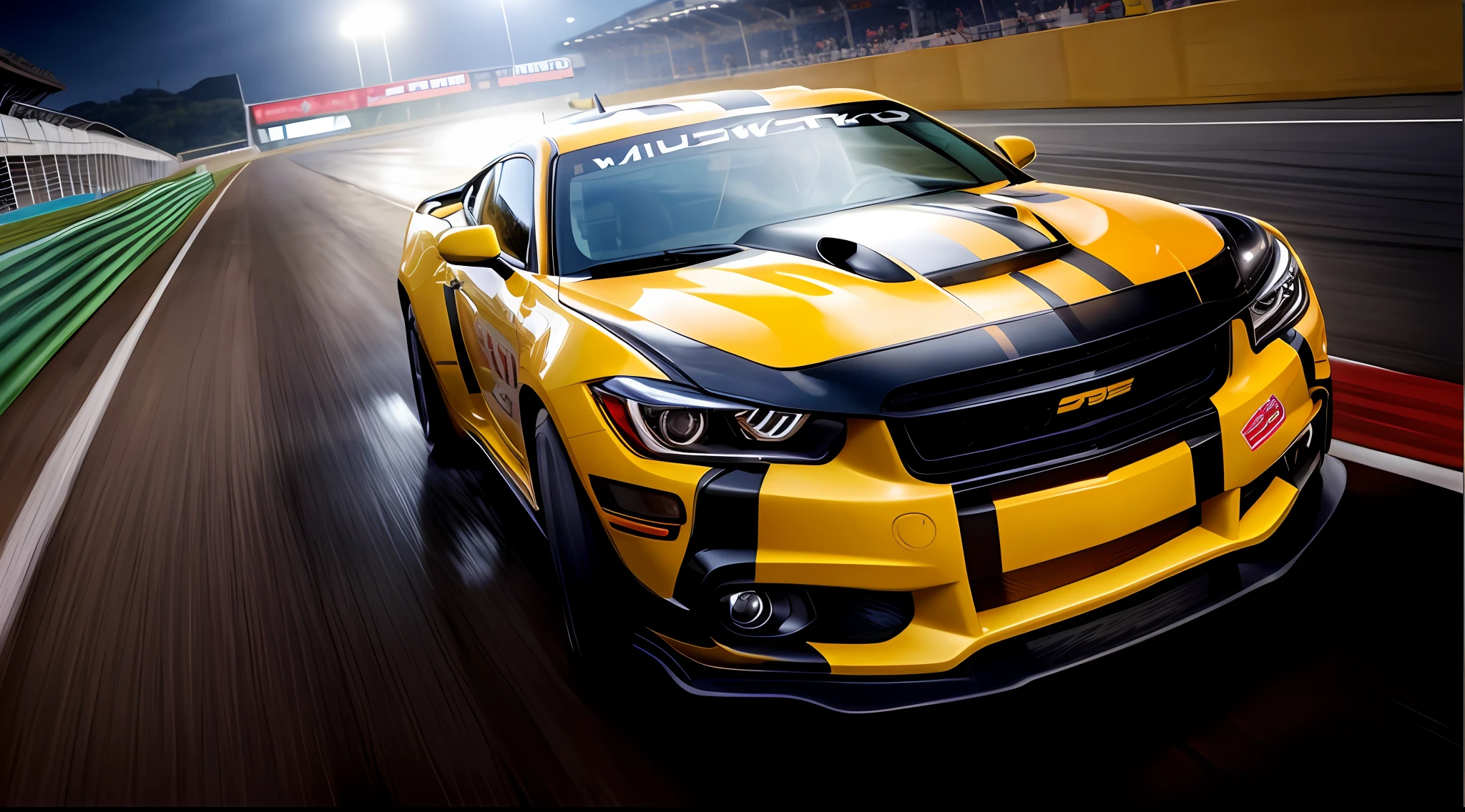 a yellow muscle car driving down a track with other cars, i 1 0 8 0 p wideshot, high quality wallpaper, racing, background, high speed action, wipeout 2 0 4 8, high quality screenshot, speed lines